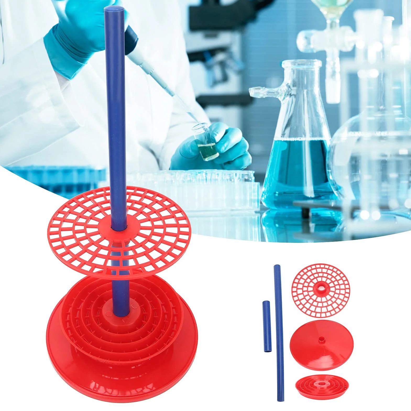 Soporte para Pipetas de 98 Agujeros, Plástico, Rojo, Disco Redondo, Equipo de Laboratorio