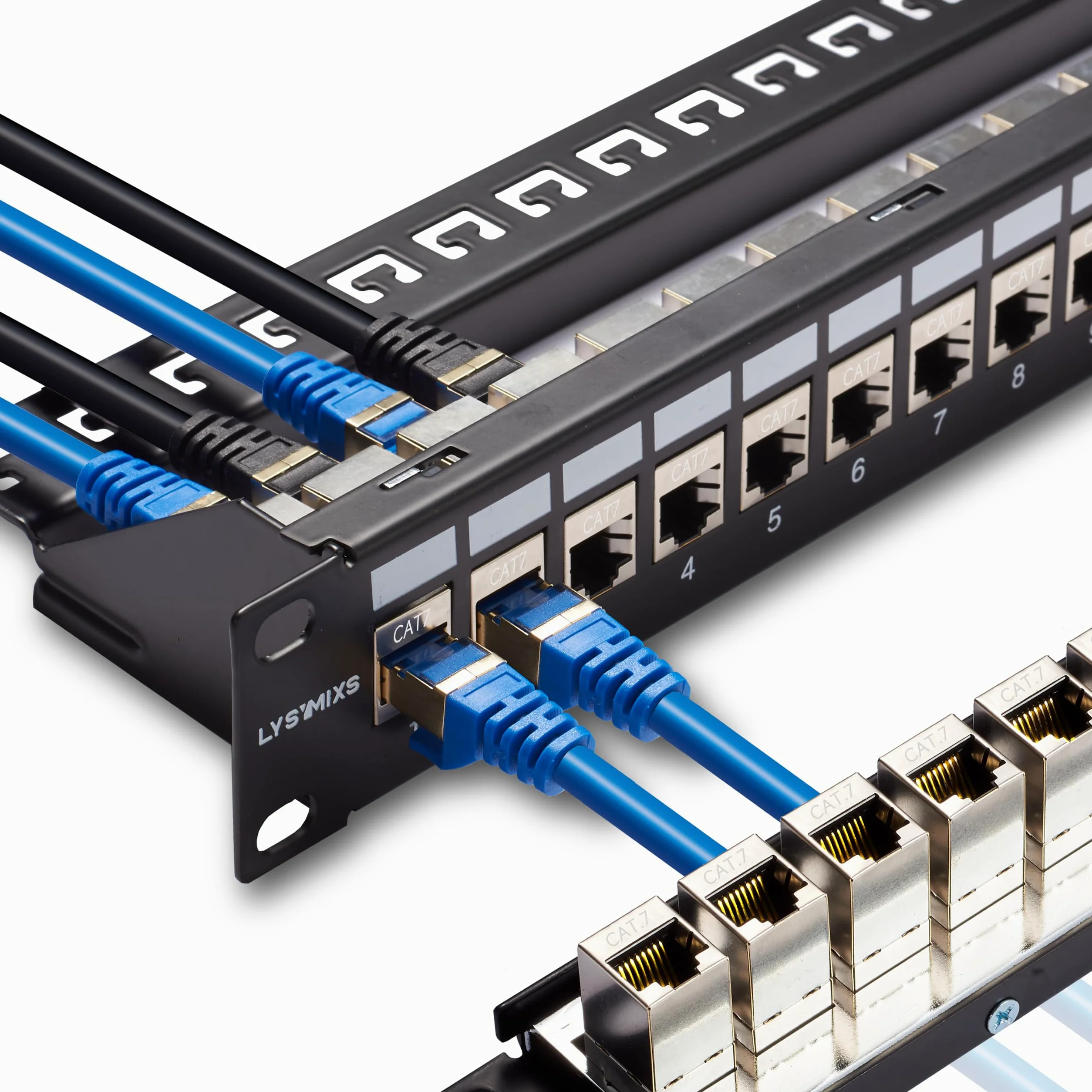 Panel de conexión RJ45 de 24 puertos Cat7 STP, panel de conexión de red de acoplador de 19 pulgadas, panel de conexión Ethernet Keystone en línea con barra trasera