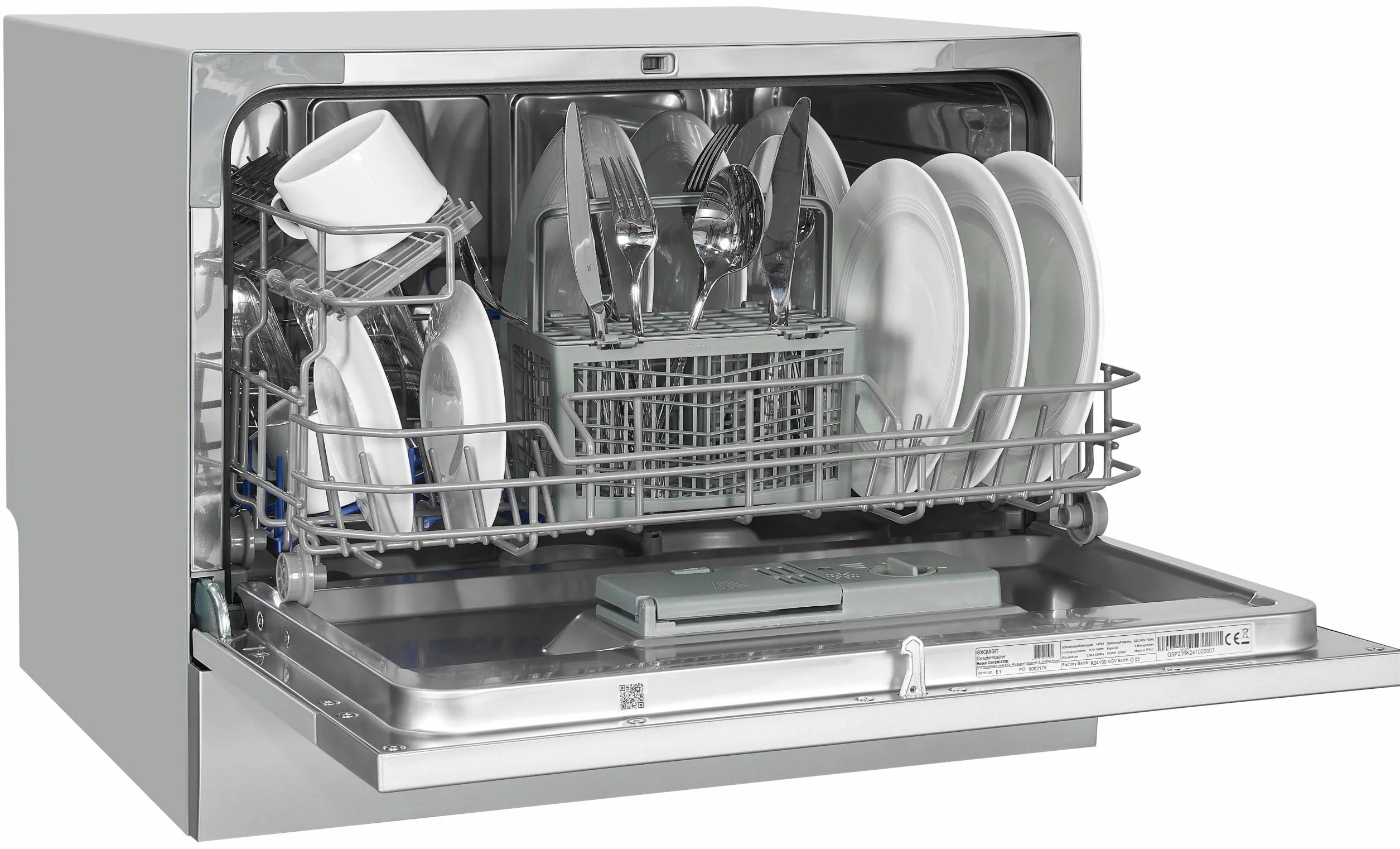 Exquisit Lavavajillas 55cm Clase D Plateado 6 Servicios 7 Programas 30 Min Inicio Diferido 49 kWh/100ciclos