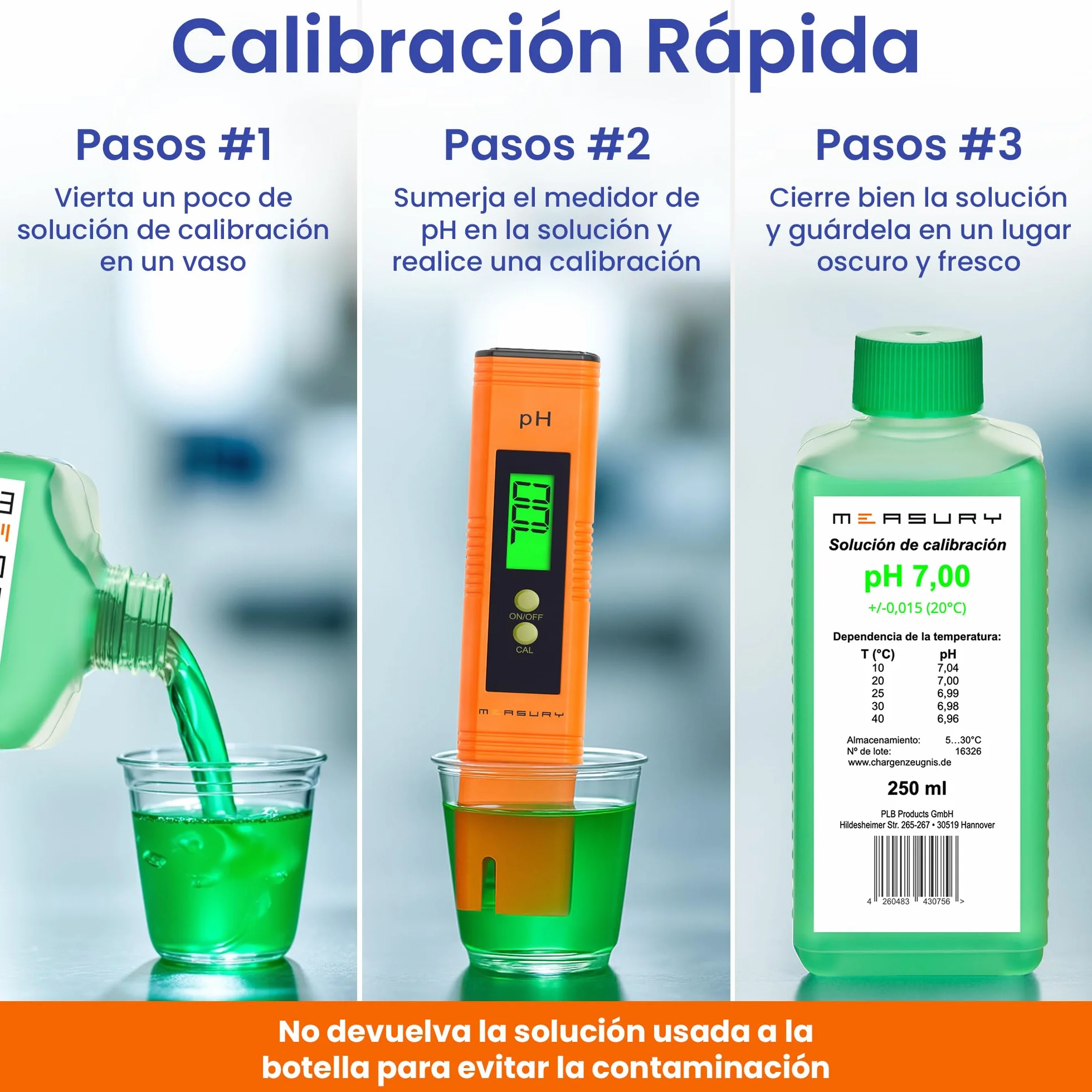 Measury Solución de calibración de pH 4.00 y 7.00 – Fabricado en Alemania, solución tampón pH 250 ml