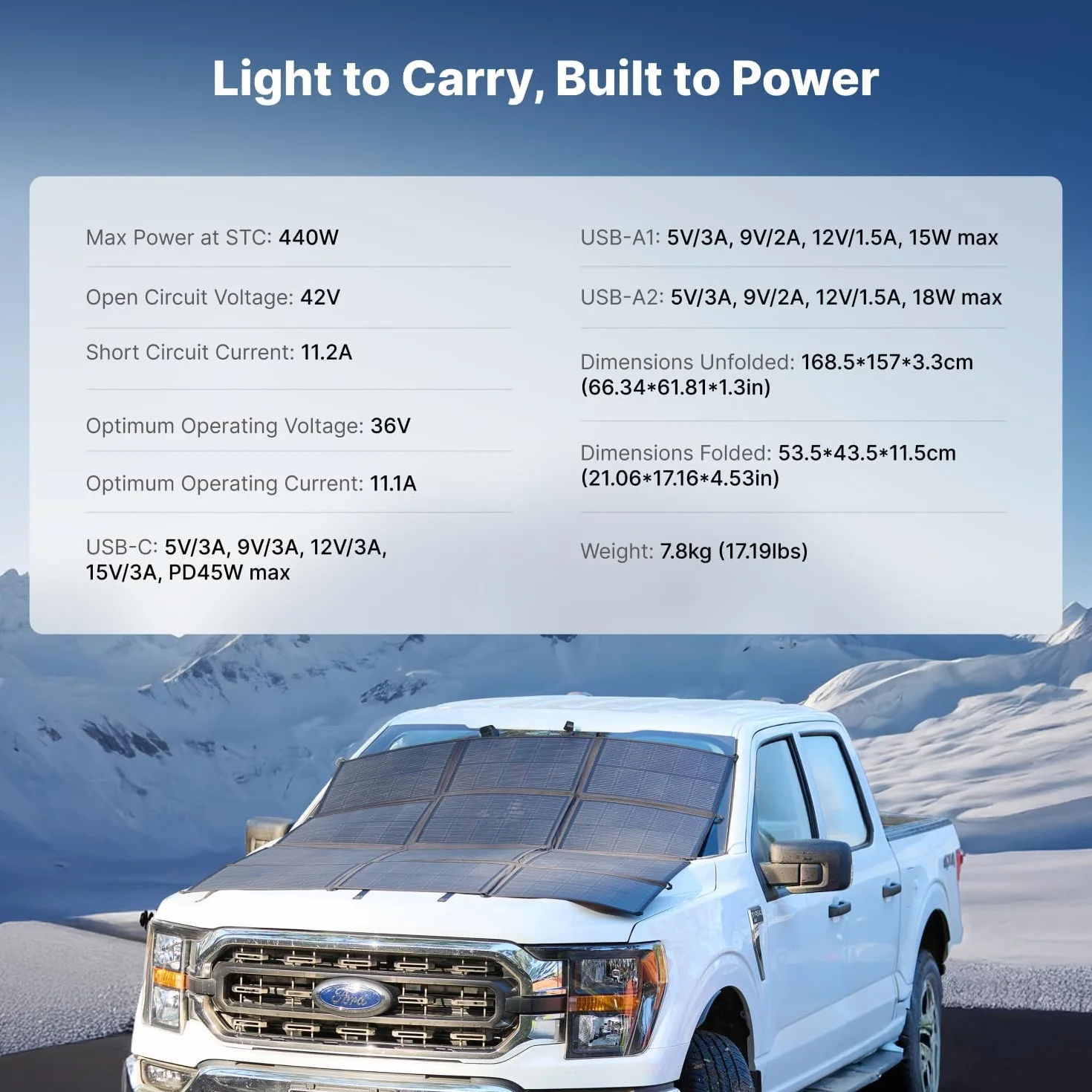 Panel solar portátil de 440 W, bolsa solar plegable de 17 libras, divide 2 mantas solares de 220 W, 25% de alta eficiencia, cargador de panel solar ligero para camping, RV, SUV, marina