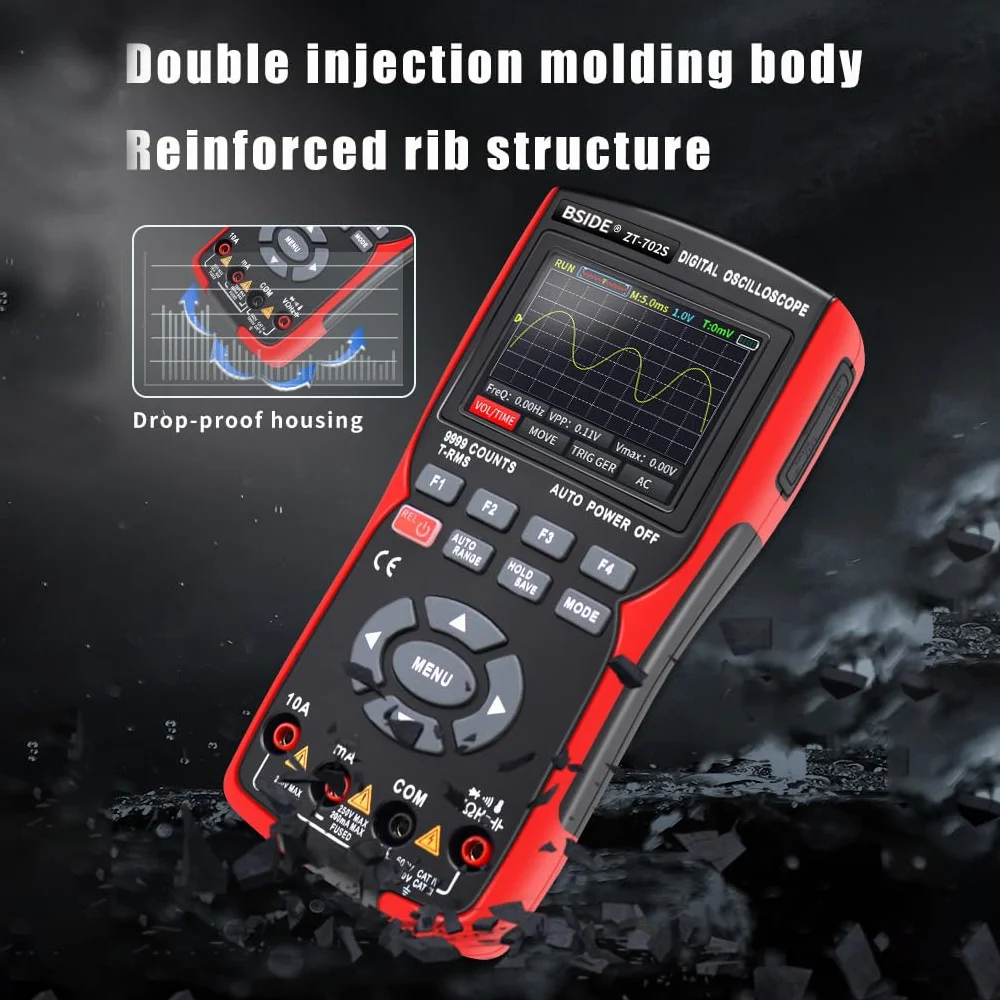 BSIDE ZT-702S Kit Osciloscopio DIY Multímetro Digital TRMS con Osciloscopio Automotriz 9999 Cuentas 10Mhz LCD a Color Medidor de Miliamperios y Milivolt Oscilloscope Recargable con Memoria para PC