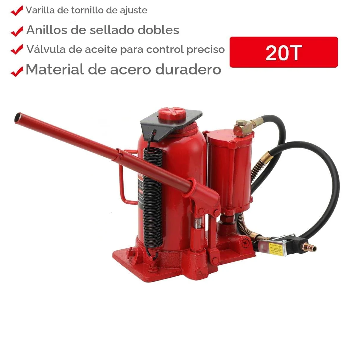 Gato hidráulico de botella 20T con elevador de botellas, cilindro hidráulico, gato hidráulico con palanca de bomba plegable, altura de elevación 260-510 mm, conexión de aire comprimido 1/4