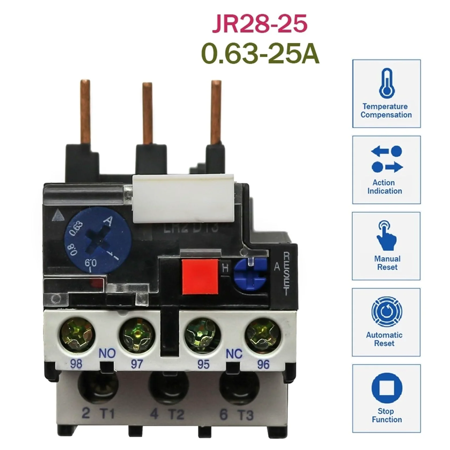 Relé de sobrecarga térmica JR28-25 1,6 A 2,5 A 4 A 6 A 8 A 10 A 13 A 18 A 25 A LR2D13 Relé térmico ajustable Relé de protección contra sobrecorriente(10pcs-2.5-4A)