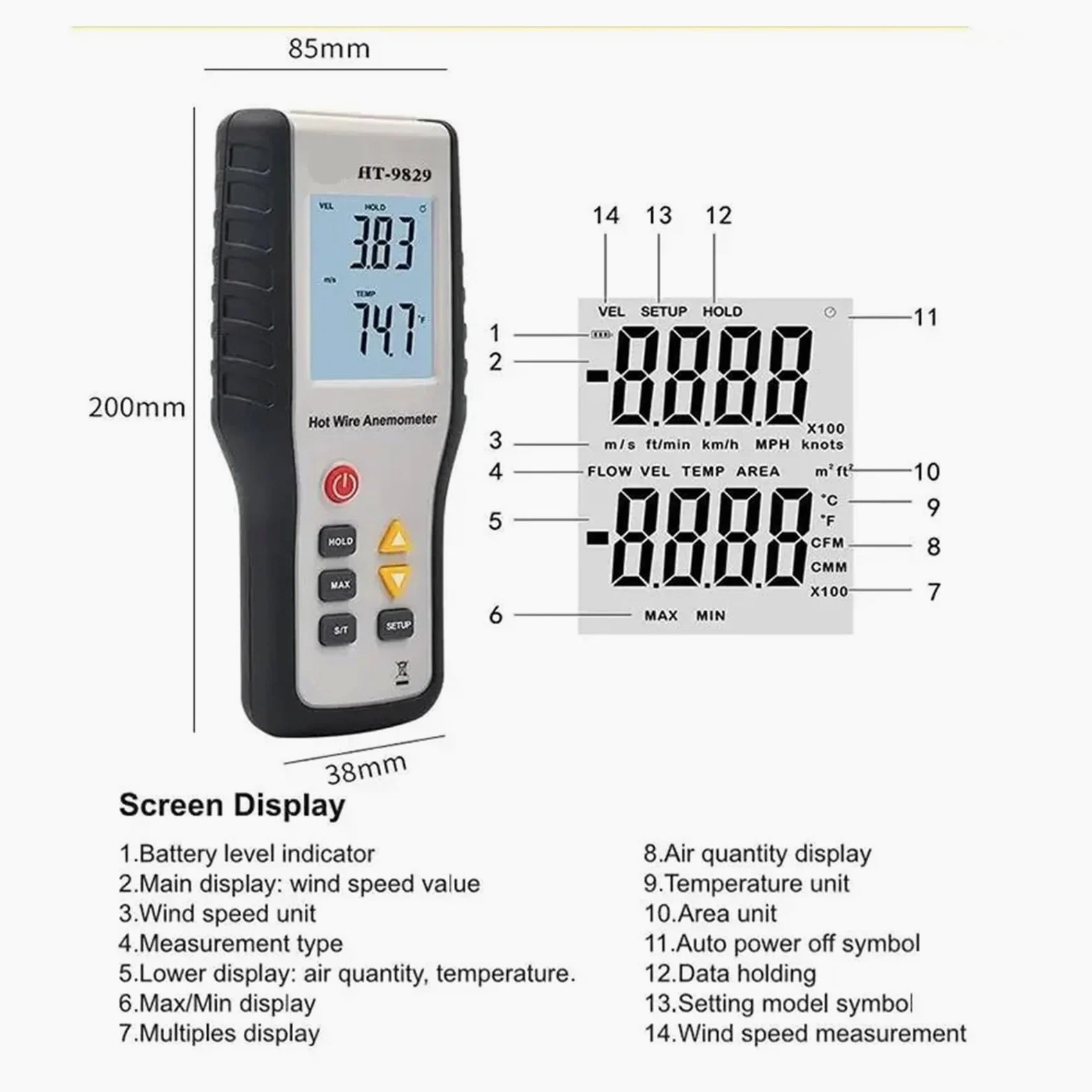 Anemómetro, Anemómetro portátil digital de alta sensibilidad, anemómetro térmico de hilo caliente, anemómetro de medición