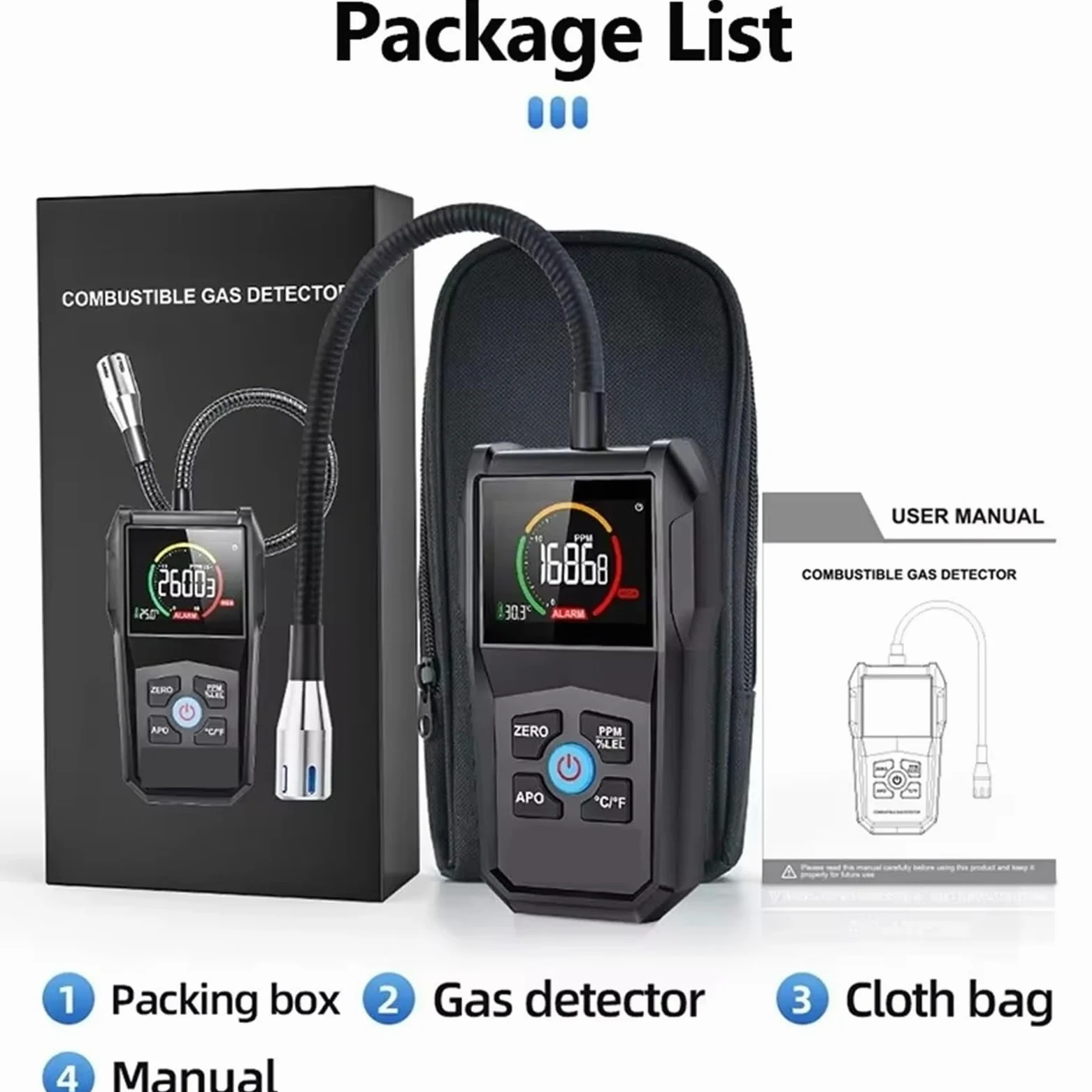 Contador partículas polvo, Analizador De Detector Gas Combustible CGD02A, Fuga 50000 PPM para interiores exteriores | Pantalla LCD, Alarma Luz Y Sonido