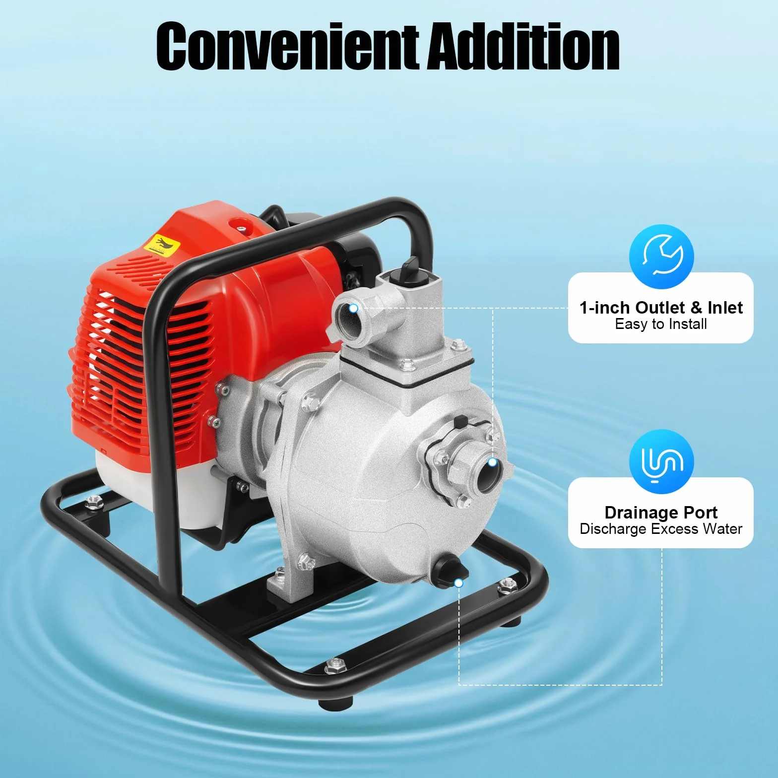 Bomba de agua de gasolina de 1 pulgada, motor de 2 tiempos de 43 cc, bomba de jardín autocebante de 1,7 CV, altura máxima de extracción de 30 m, 8100 l/h, ideal para agua sucia, estanque, piscina