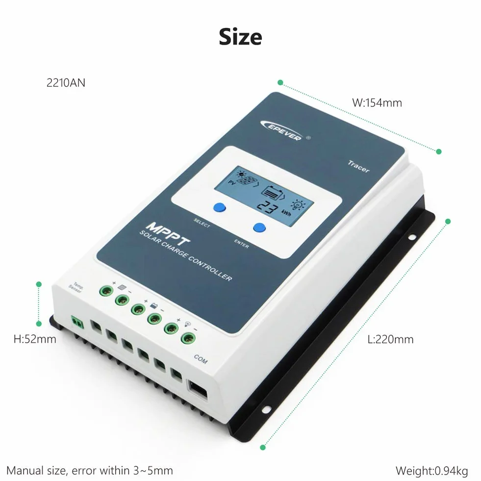EPEVER® 20A MPPT Controlador de Carga Solar Identificación Automática de 12V/24V con Pantalla LCD para Estaciones Base de Comunicación y Sistemas Domésticos - Tracer 2210AN