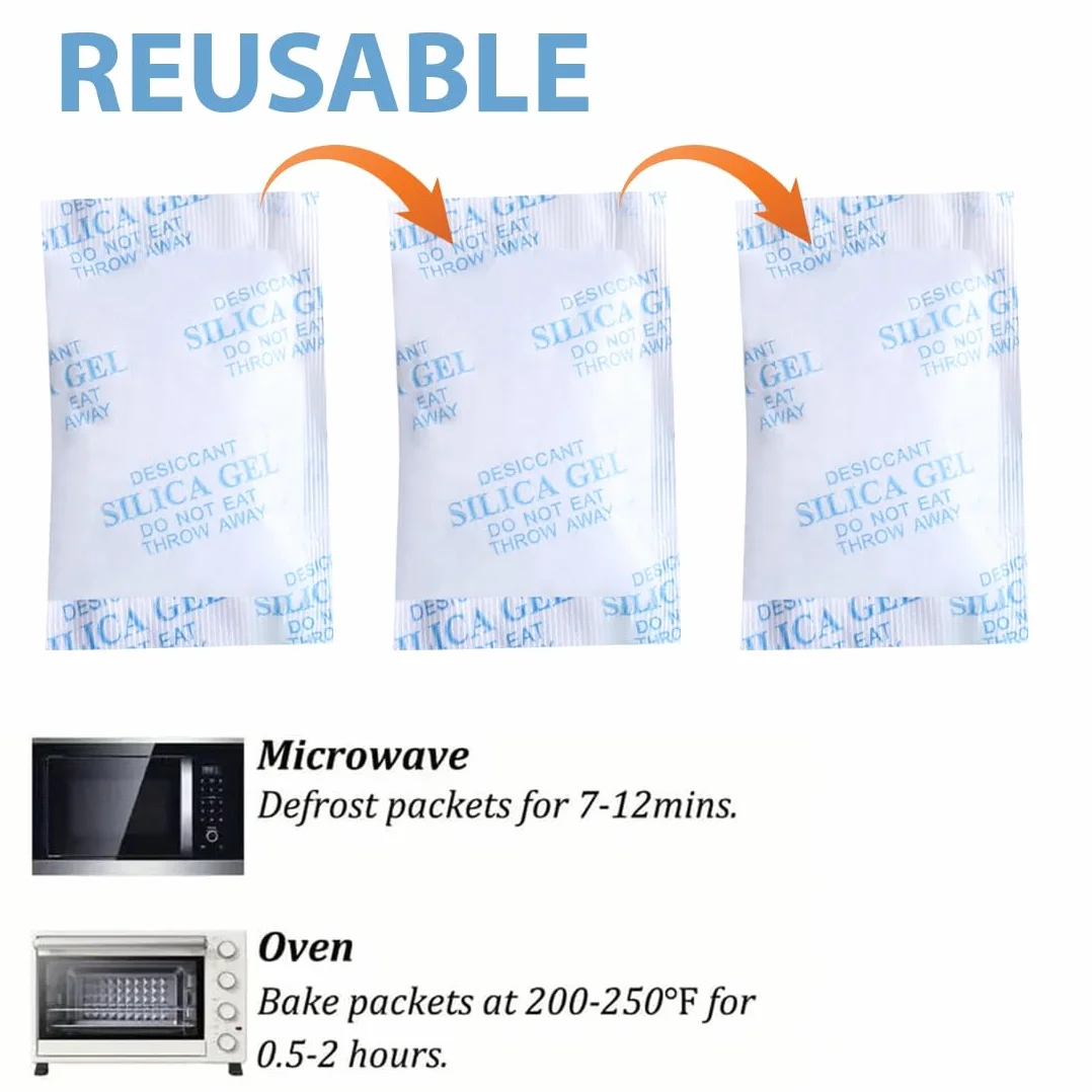 Bolsas de gel de sílice, 50 g, 8 paquetes, gel de sílice de grado alimenticio, desecante para alimentos, medicamentos, productos electrónicos, etc