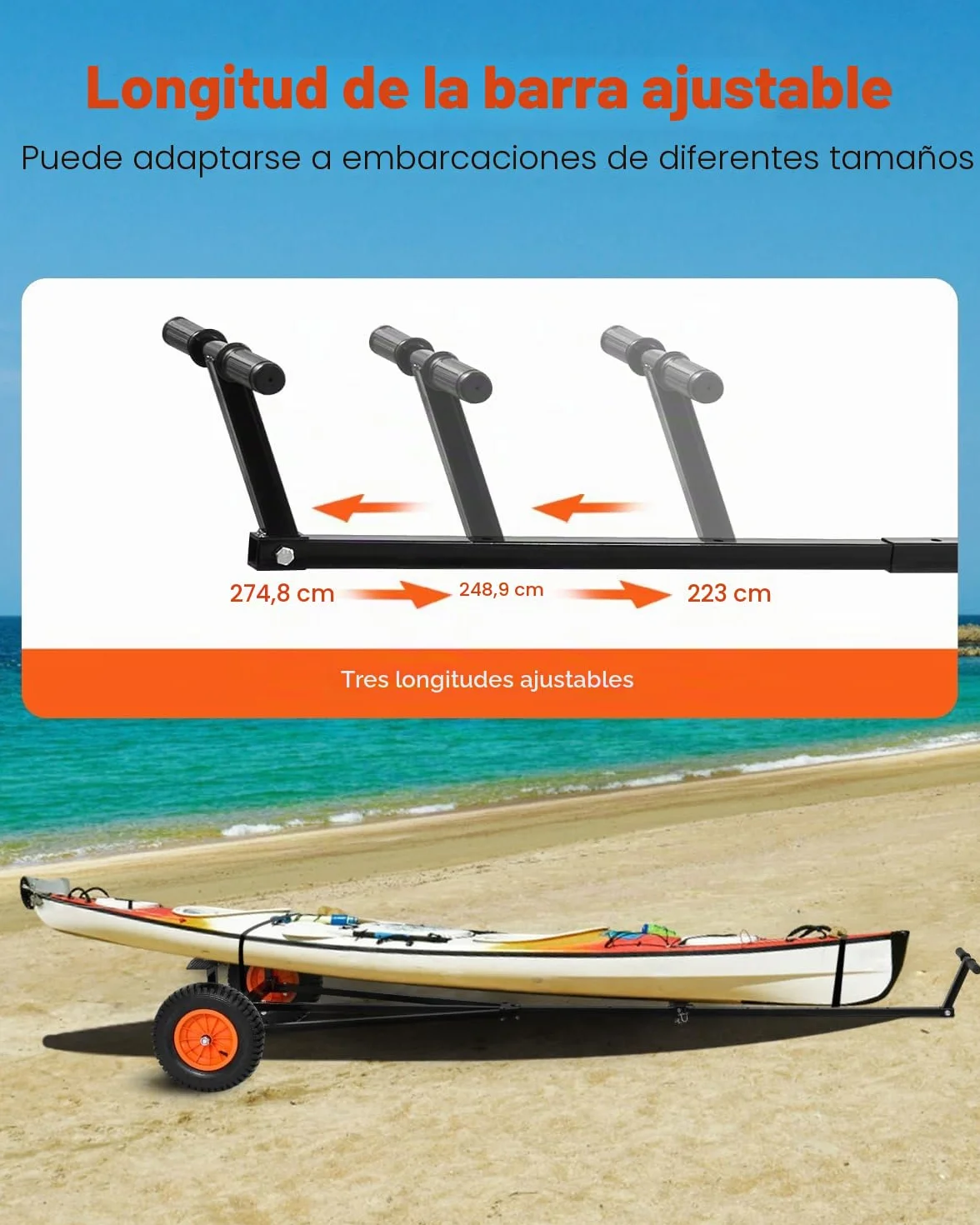 VEVOR Plataforma para Remolque de Barco, Carga de 190 kg, Plataforma para Remolque de Acero al Carbono con Longitud Ajustable, Neumáticos y Soporte Antideslizante para Mover Kayak, Lancha Motora