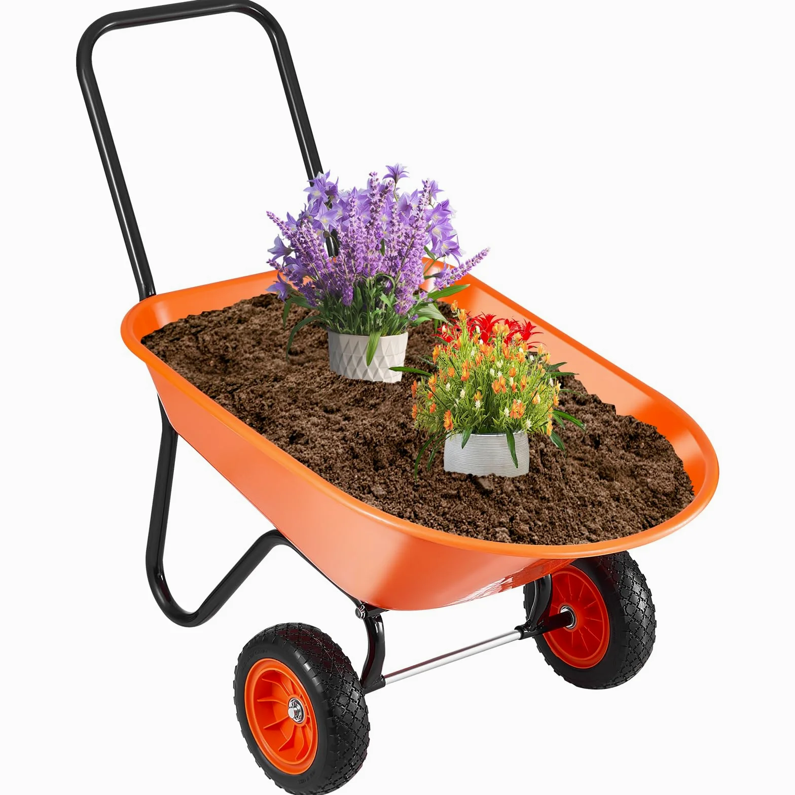 VEVOR Carretilla para Jardín Carga de 180 kg Carro de Descarga con 2 Ruedas de 25,4 cm y Asa Carro Utilitario de Fácil Carga Carrito para Césped al Aire Libre, Patio, Granja, Naranja y Negro