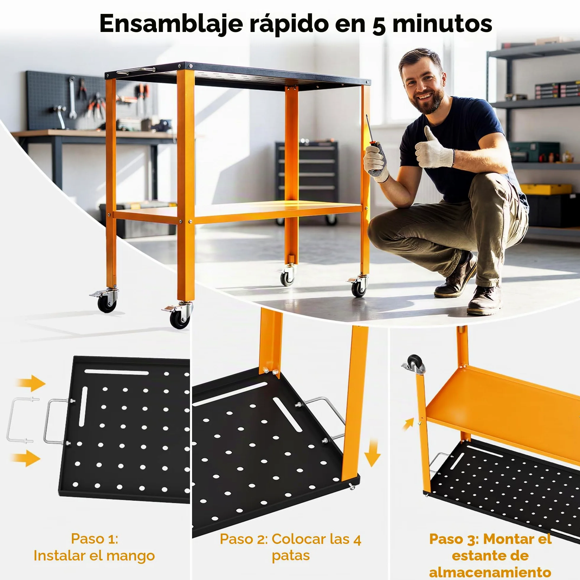 Mesa de soldar móvil con Ruedas de 91 x 46 cm, Carga de 544 kg Banco Trabajo Taller de Metal Portátil con 4 Ruedas de Frenado Bloqueables, 4 Ranuras para Herramientas, Bandeja, 1,6 cm Agujeros