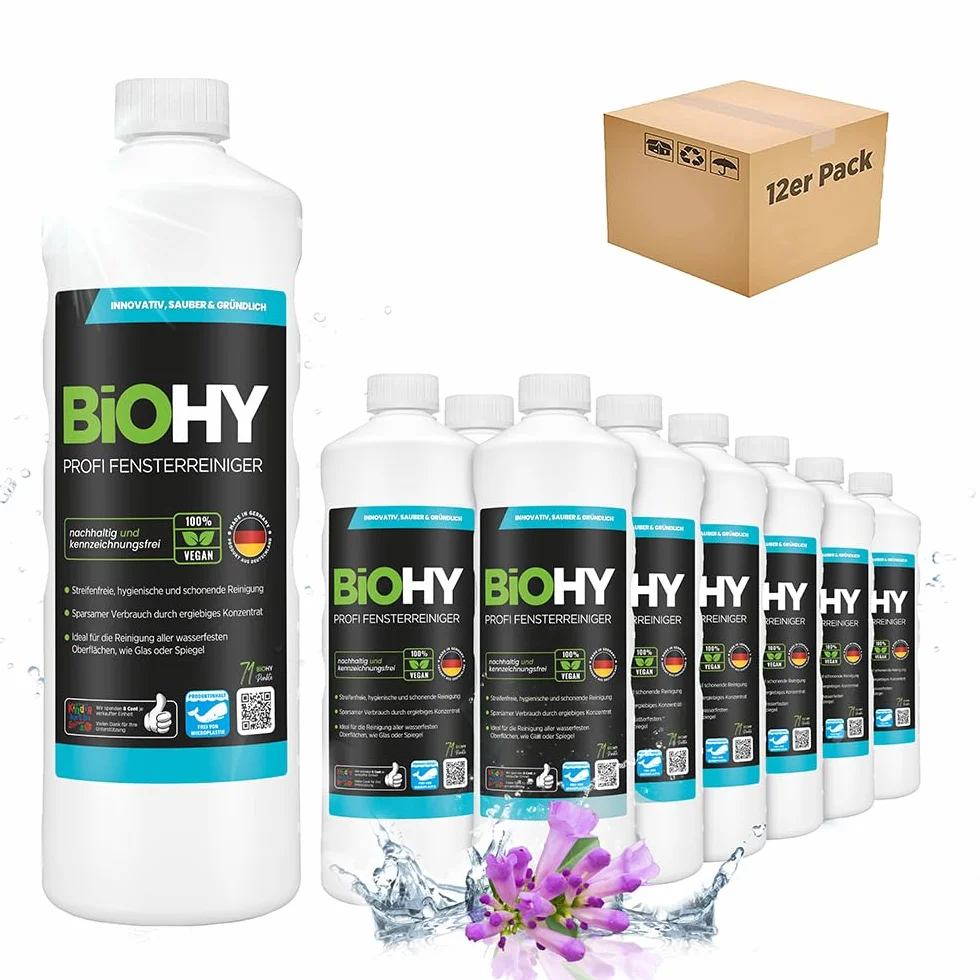 BiOHY Limpiacristales profesional (12 botellas de 1 litro) | Limpiador concentrado de vidrios, para de ventanas | Limpieza optima de vidrios, ventanas y espejos (Fensterreiniger)