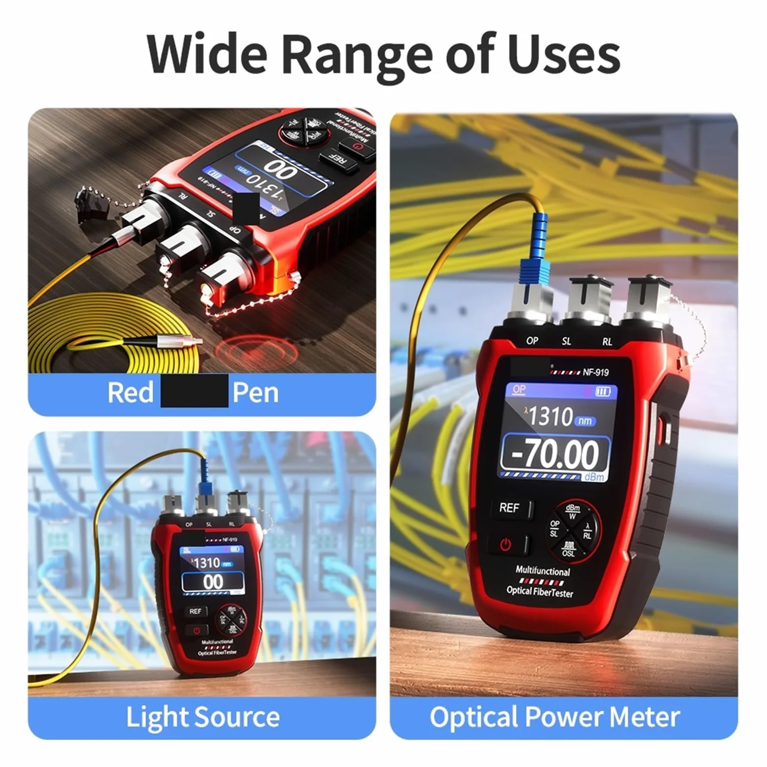 Probador de fibra óptica, NF-919 Medidor de potencia 3 en 1 Fuente luz estable VFL REF Localizador visual fallas Luz roja Herramienta prueba fibra óptica