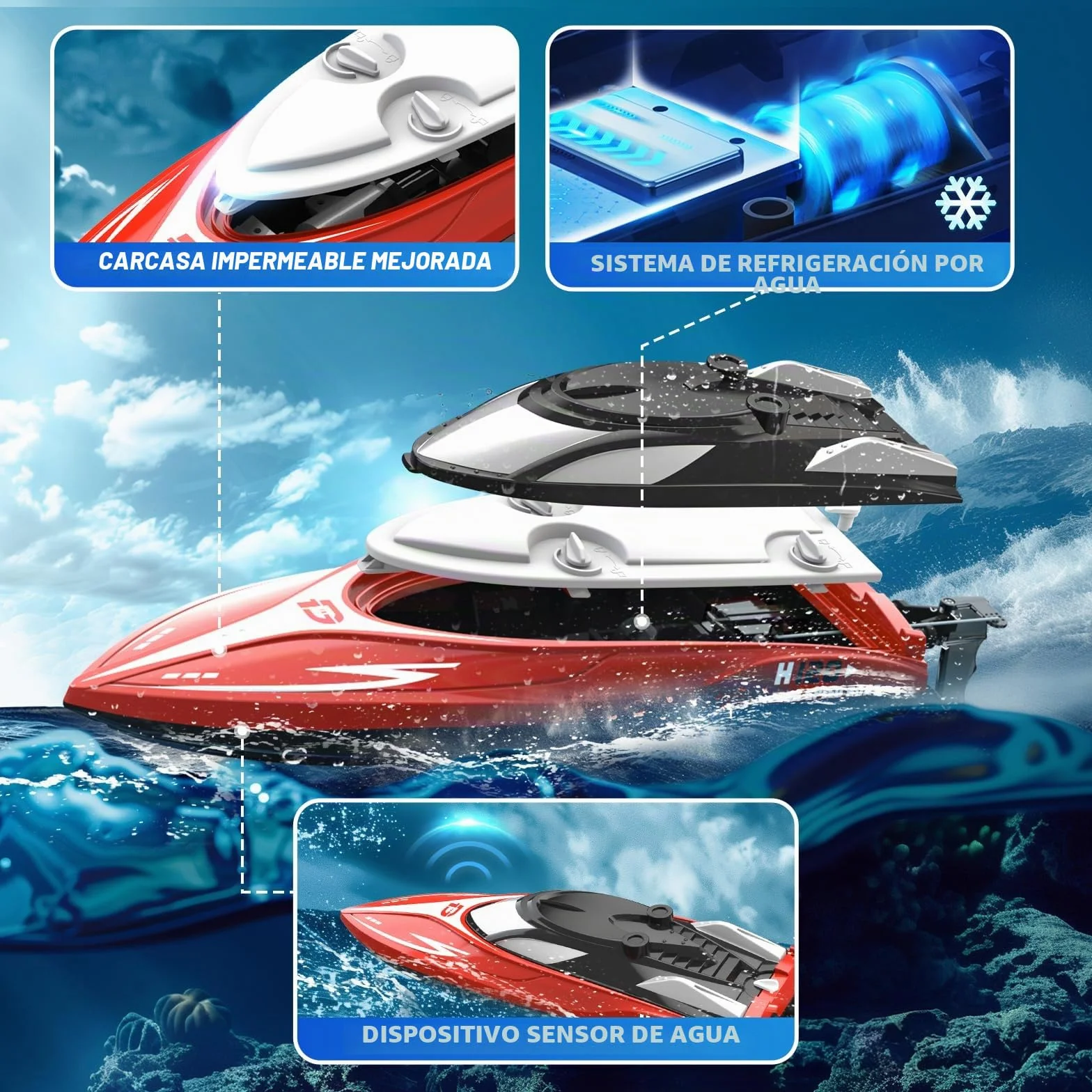 DEERC H120 Barco teledirigido rápido 2,4 GHz 20+ mph para Piscinas Lagos con 2 baterías Recargables Alarma batería baja recuperación antivuelco