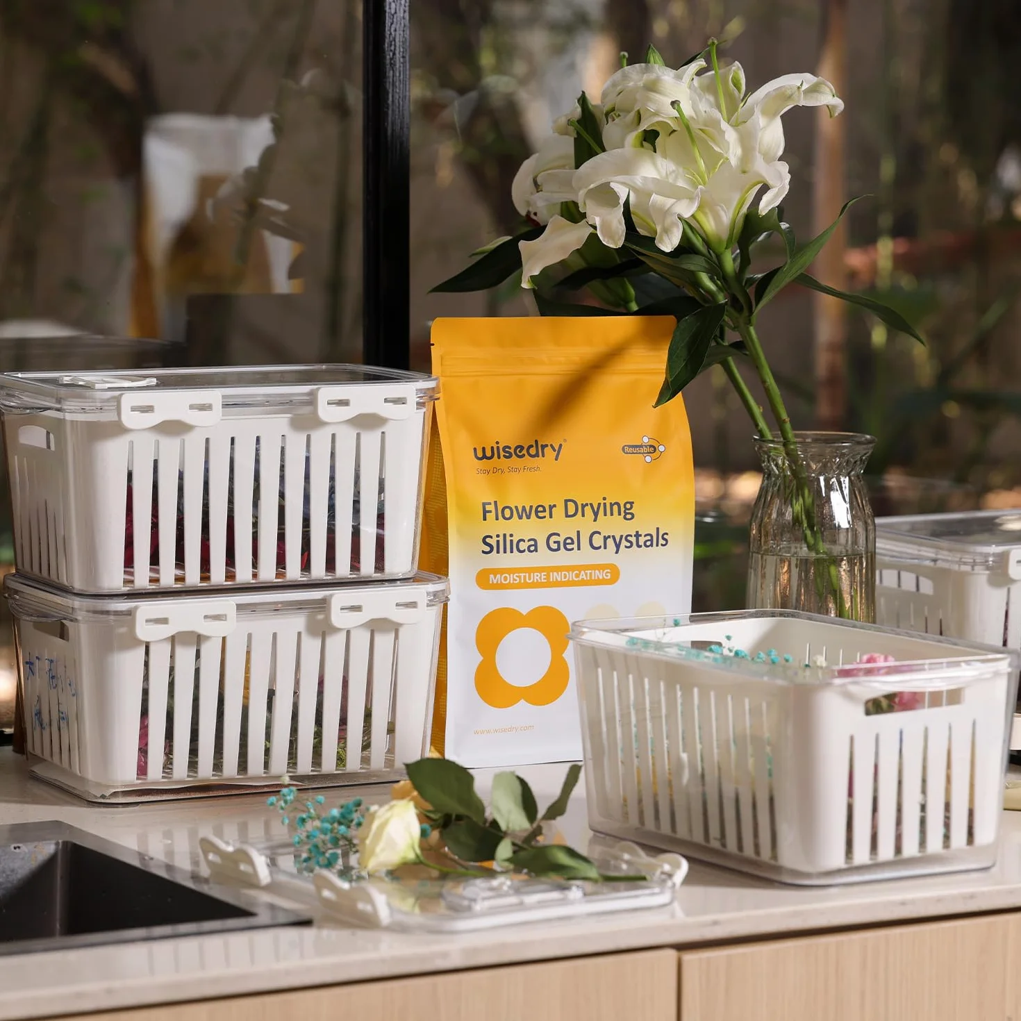 Wisedry Recipiente de Gel de Sílice para Secar Flores, Recupera Flores Secas, Caja con Alfombrilla y Bolígrafo