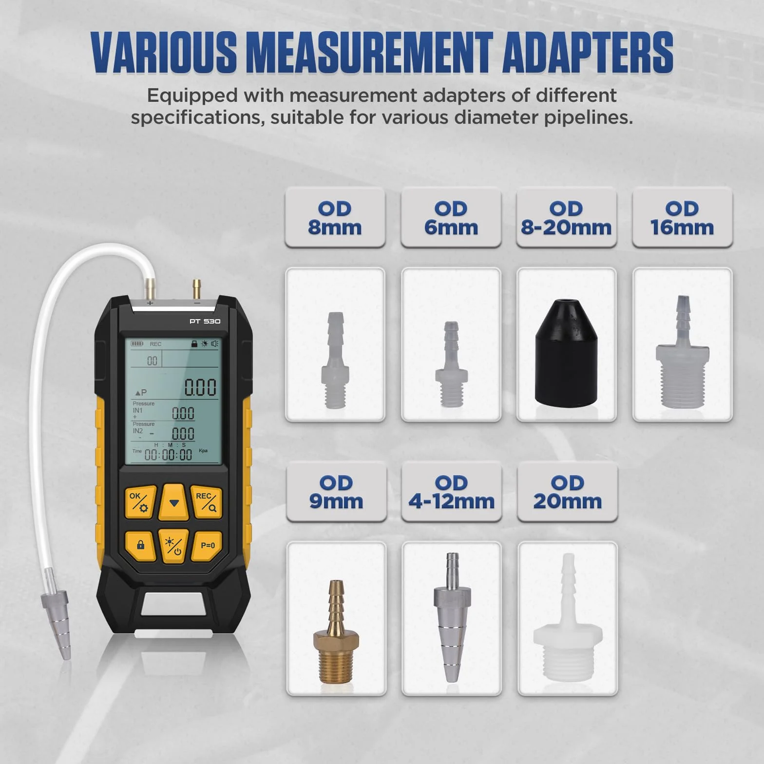 Manómetro de presión de gas PT530 de -100 a 300 KPa, medidor de presión de campo digital, HVAC, 10 unidades, 7 adaptadores, bloqueo y almacenamiento de datos, parte trasera magnética
