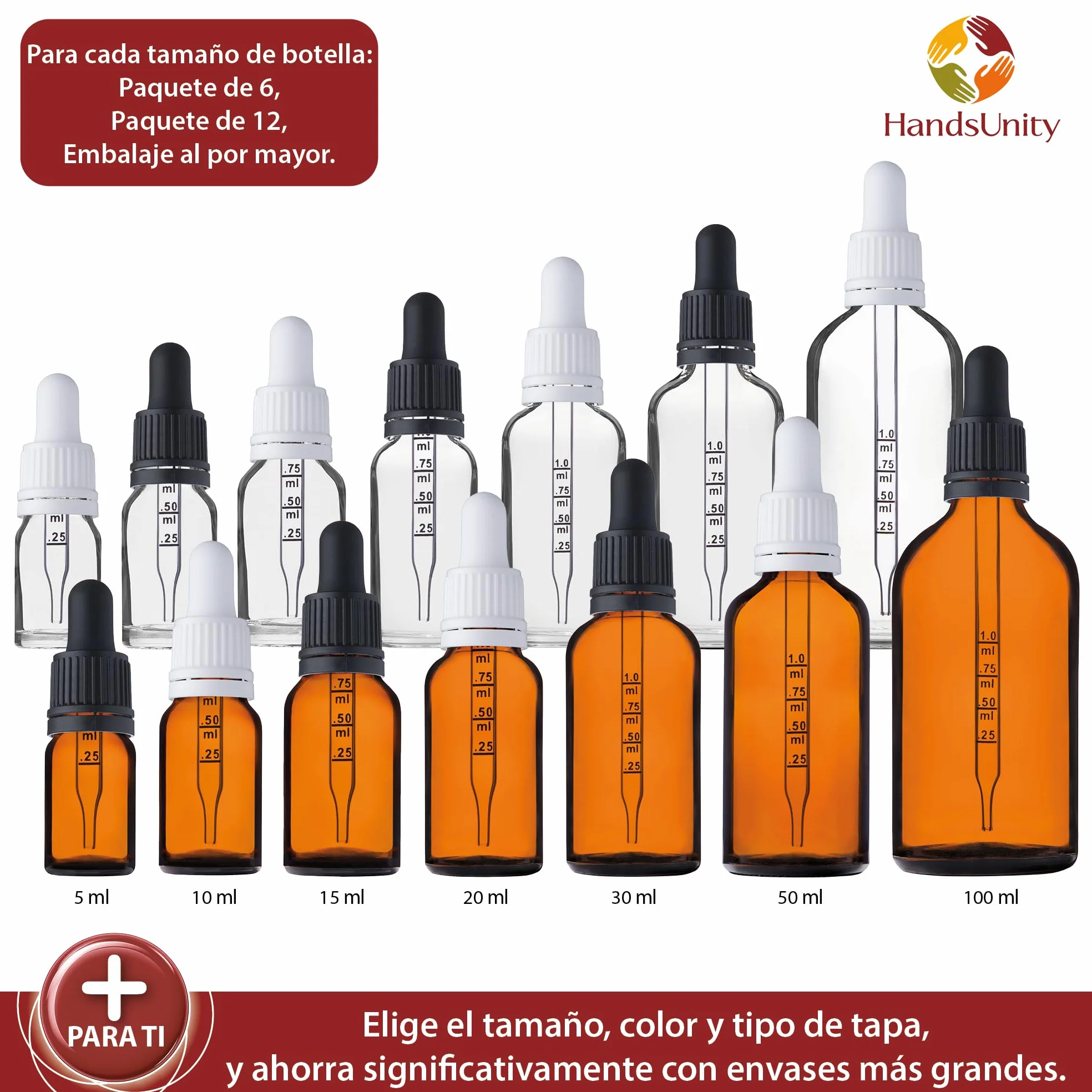 Frasco de Pipeta de Vidrio Ámbar 100ml 70 Piezas con Tapa Negra - Botellas de Vidrio Marrón