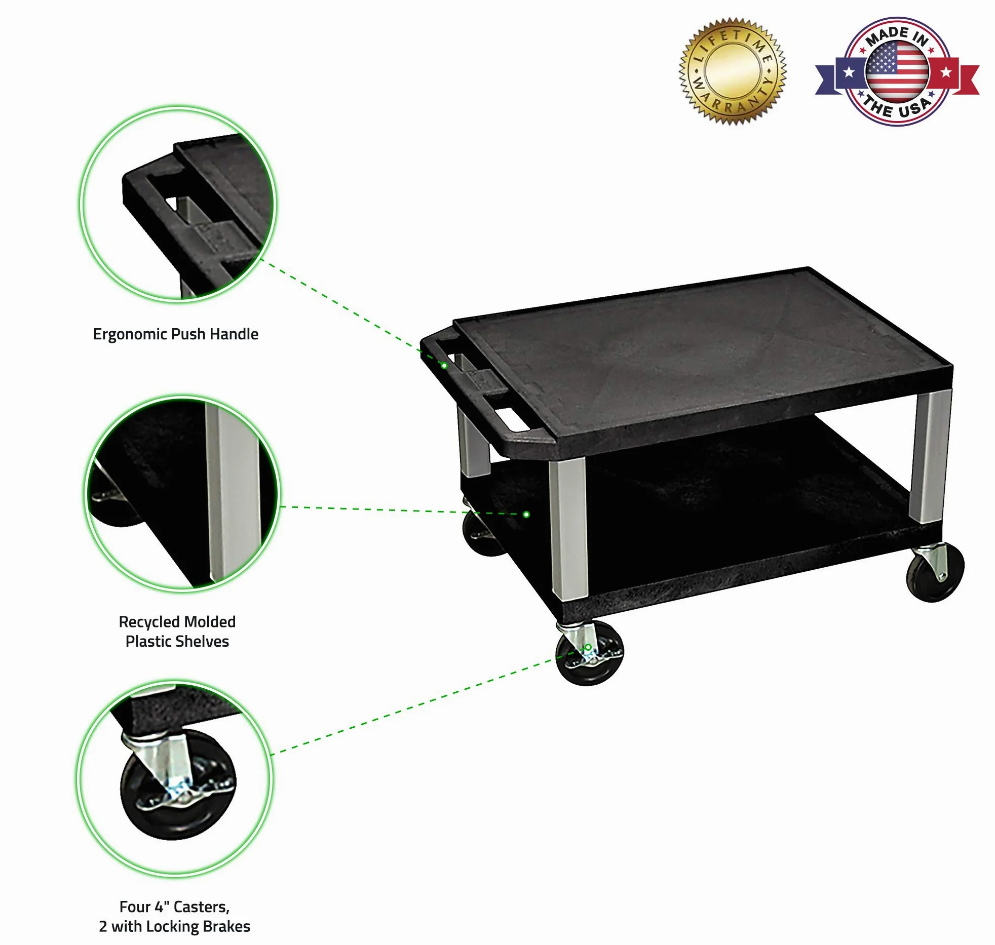 Luxor Carro Multiusos de 40,6 cm de Alto con 2 estantes, Color Negro con Patas