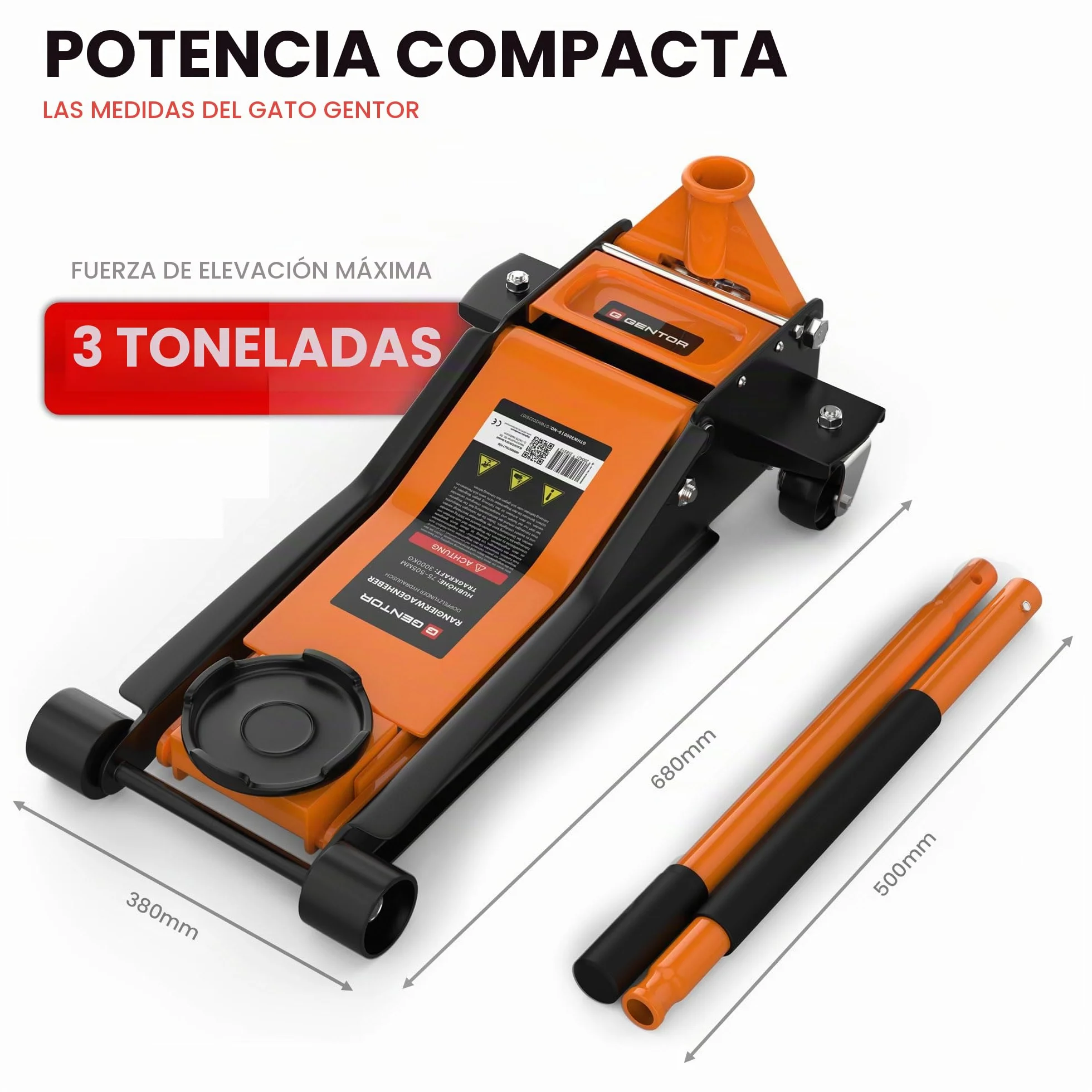 Gato hidráulico 3T de Perfil bajo 75-505mm con 2 Soportes de Goma – Elevador para Coche con Ruedas giratorias 360° – Naranja