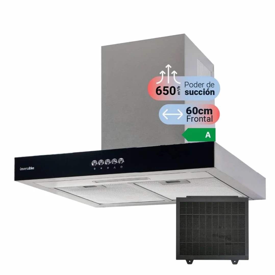 UNIVERSALBLUE Campana Extractora Decorativa 60 cm | Extractor Aire Eléctrico Cocina Cristal Negro Acero Inoxidable | 650 m³/h | Clase A | Filtro Carbono