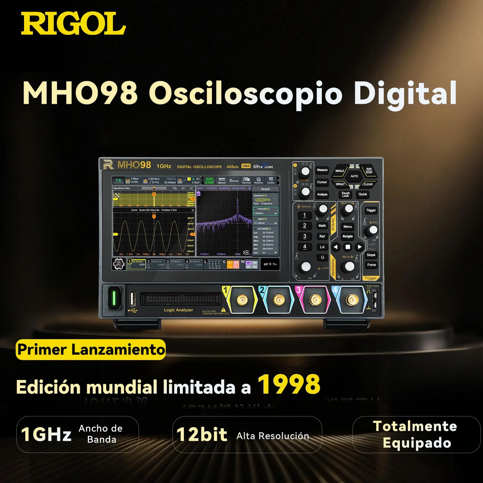 RIGOL MHO98 Osciloscopio Digital, 1GHz, 4GSa/s, 12-bit, 4+16 Canales, Generador AFG Integrado, Wi-Fi & Bluetooth, Alimentación Type-C, Ultraportátil