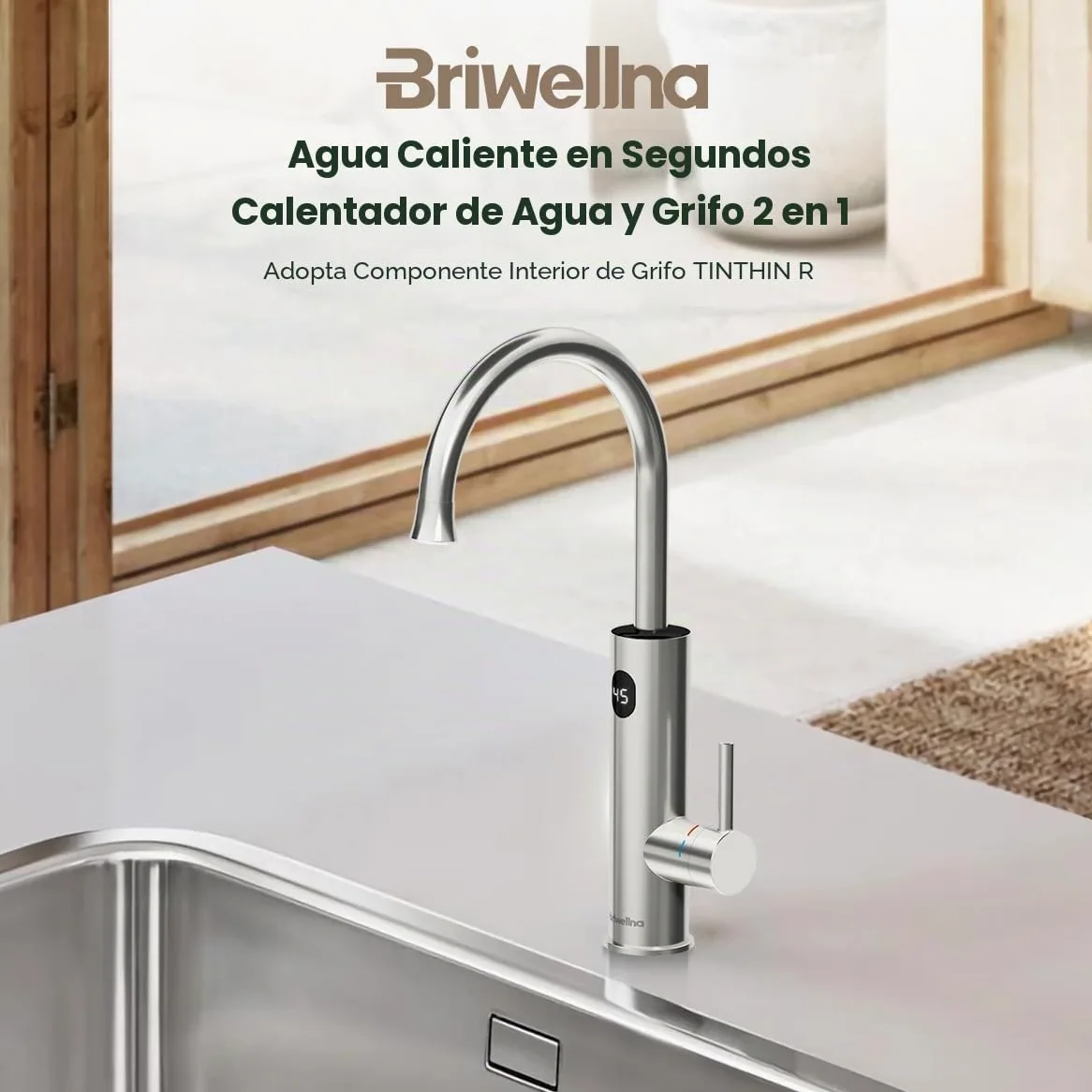 Grifo eléctrico con calentador de agua (220 V, rotación de 360° y pantalla digital, grifo de agua caliente con boquilla universal (plata)