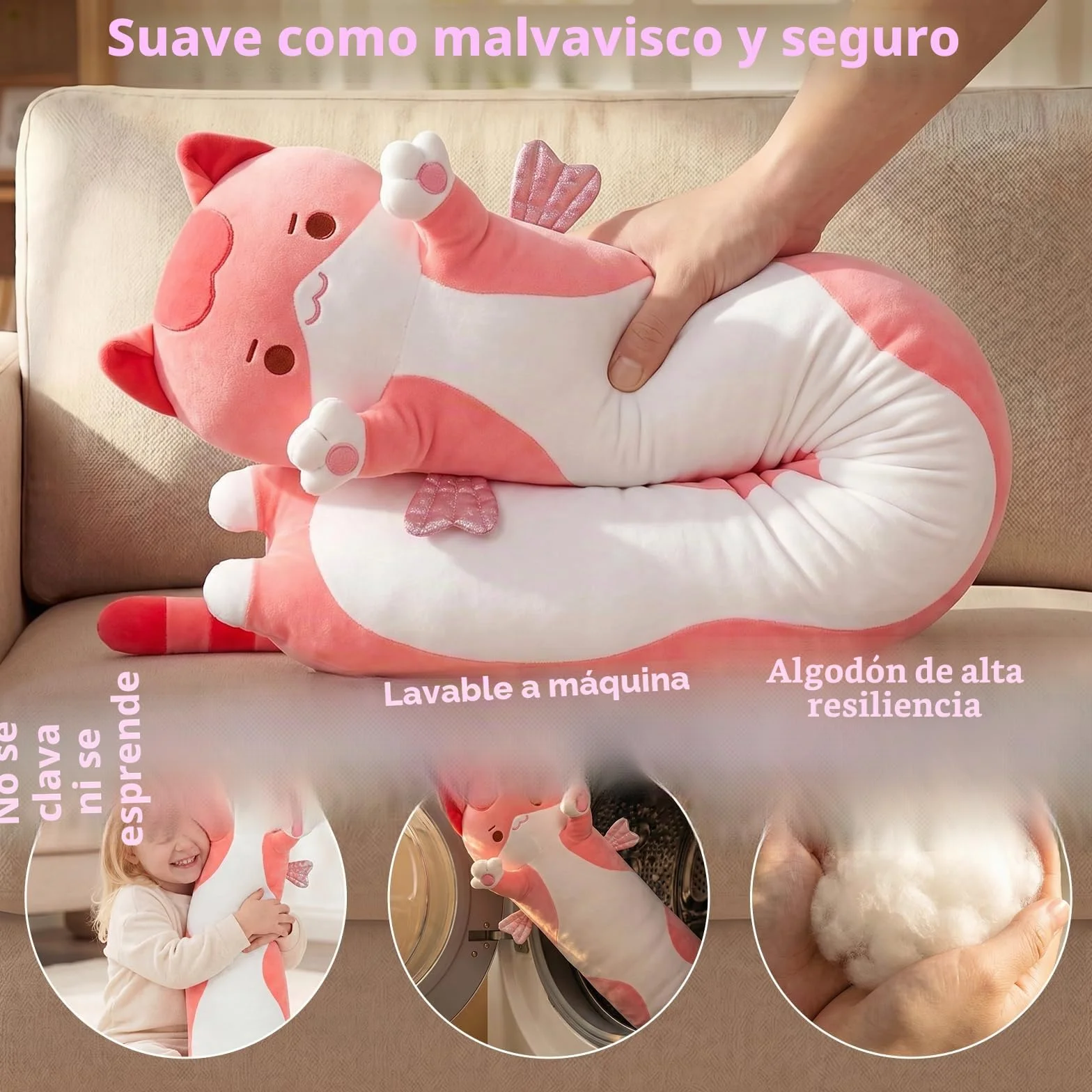 Mewaii Cojín de Peluche Gato Rosa 130 cm Kawaii Juguete para Niños