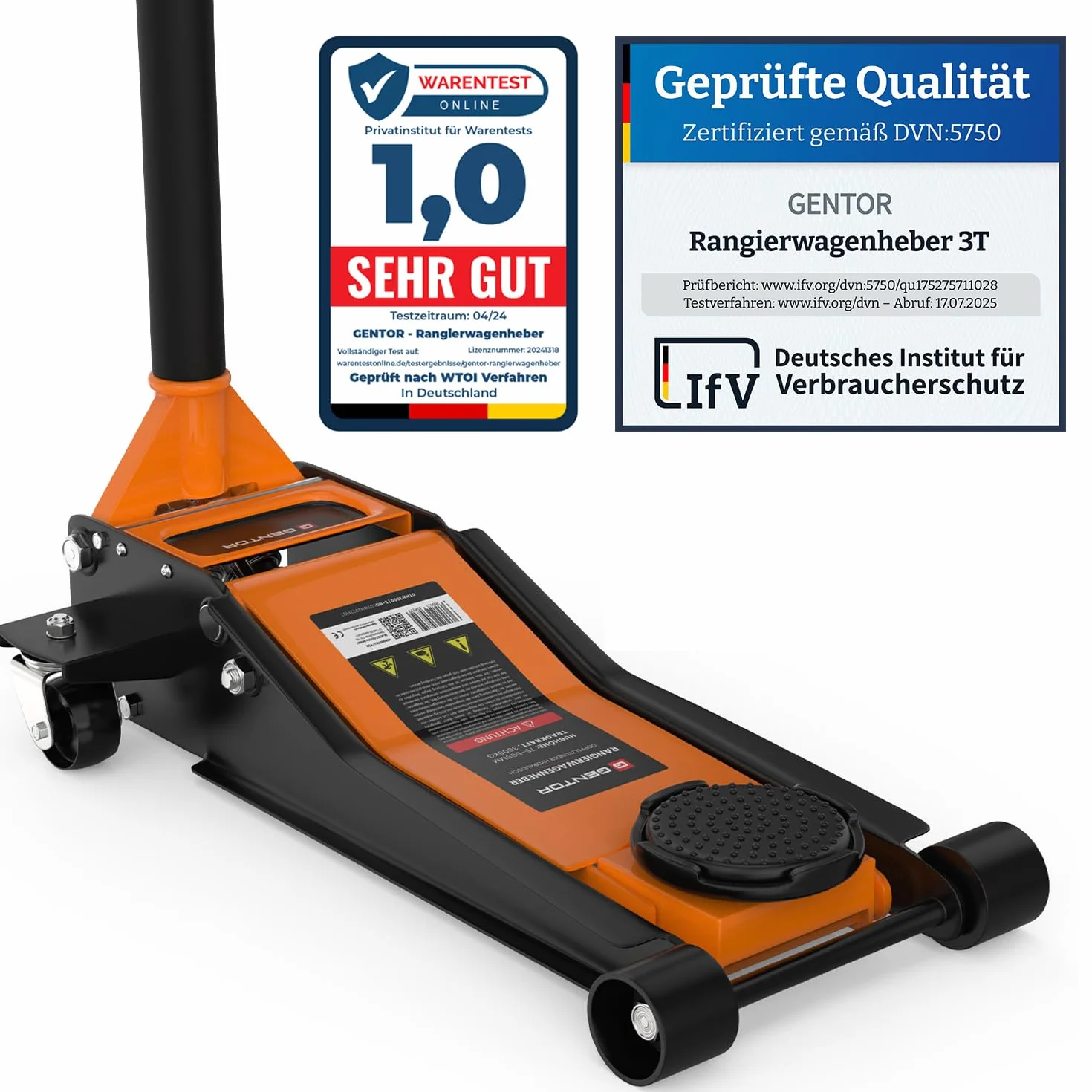 Gato hidráulico 3T de Perfil bajo 75-505mm con 2 Soportes de Goma – Elevador para Coche con Ruedas giratorias 360° – Naranja