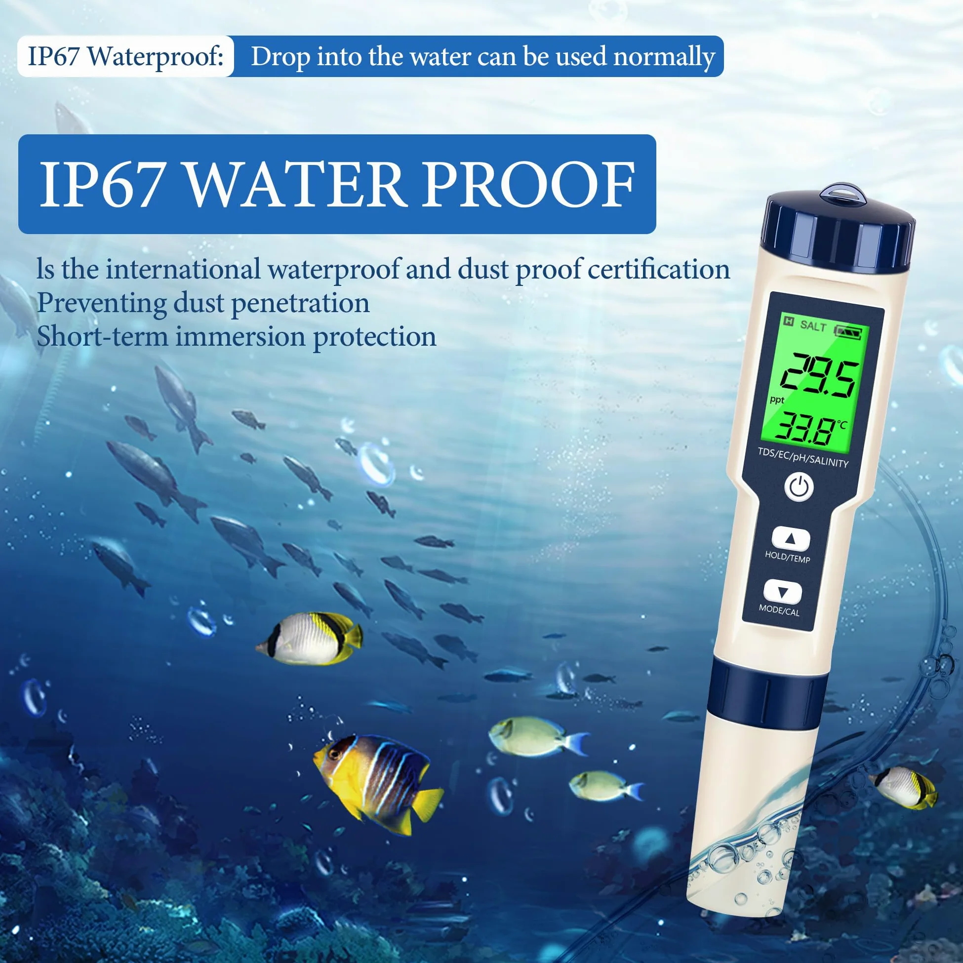 Medidor de pH y medidor de pH digital, probador de agua 5 en 1, probador de salinidad de pH de temperatura EC y TDS, medidor de pH para agua con retroiluminación LCD, kits de prueba de agua para agua