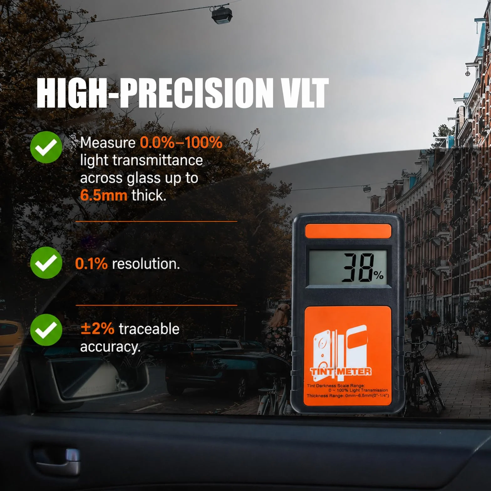 Medidor de tinte de ventana para aplicación de la ley, 100 % VLT, probador de transmisión de luz visual, transmisor y receptor de medición continua para cortinas de ventana de vehículo de automóvil