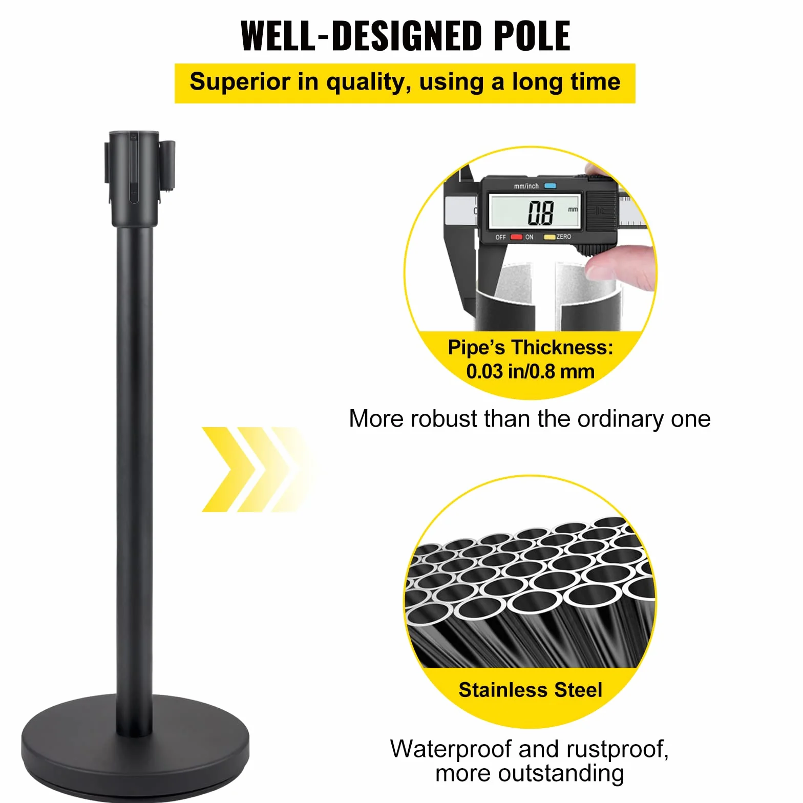 VEVOR Postes para Control de Multitudes 4 Piezas Barrera con Cinturón Retráctil Negro 2 m Base de Hormigón y Metal