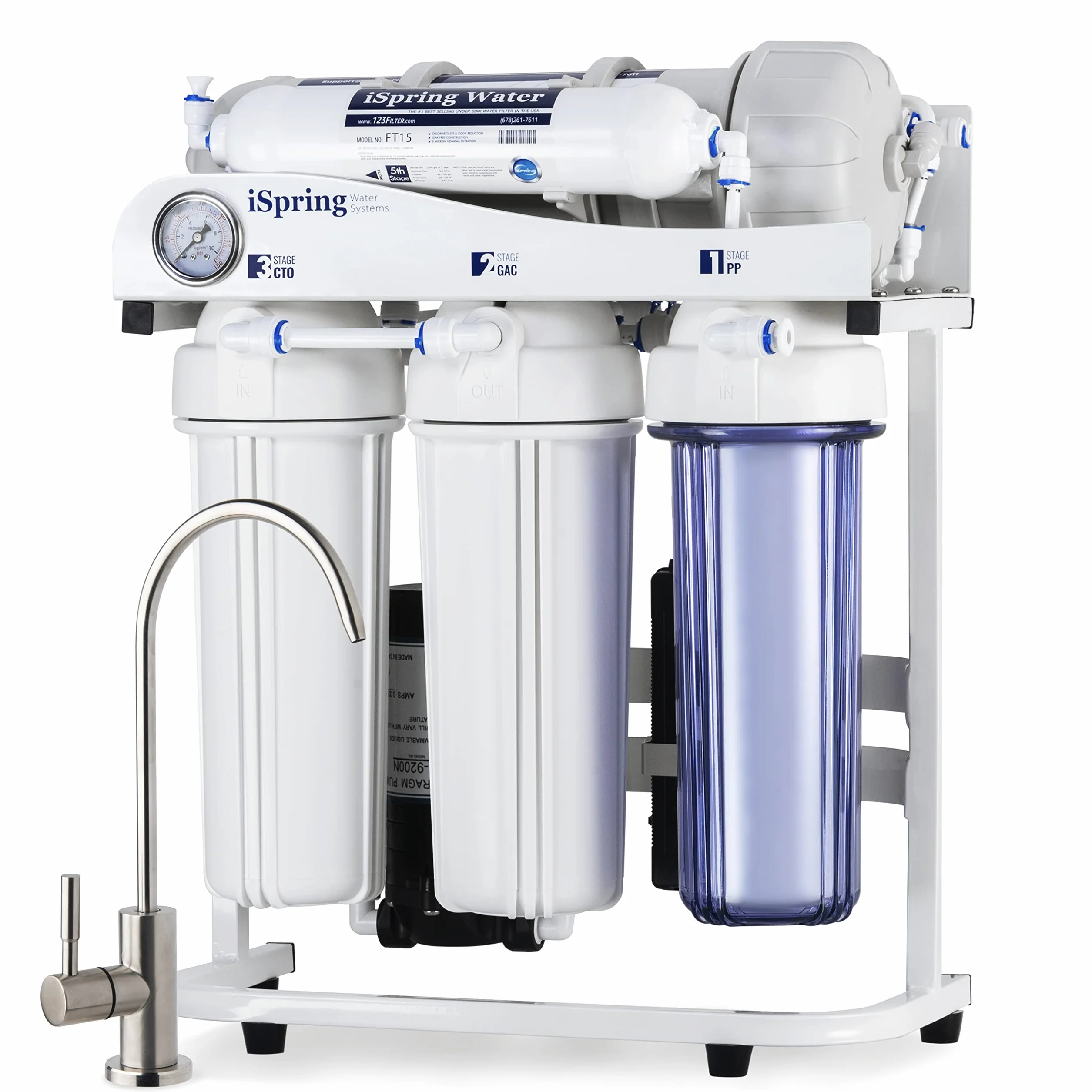 iSpring RCS5T 500 GPD Sistema de Filtro de Agua RO de Ósmosis Inversa de Grado Comercial Sin Tanque Con Relación de Drenaje 1: 1, Manómetro