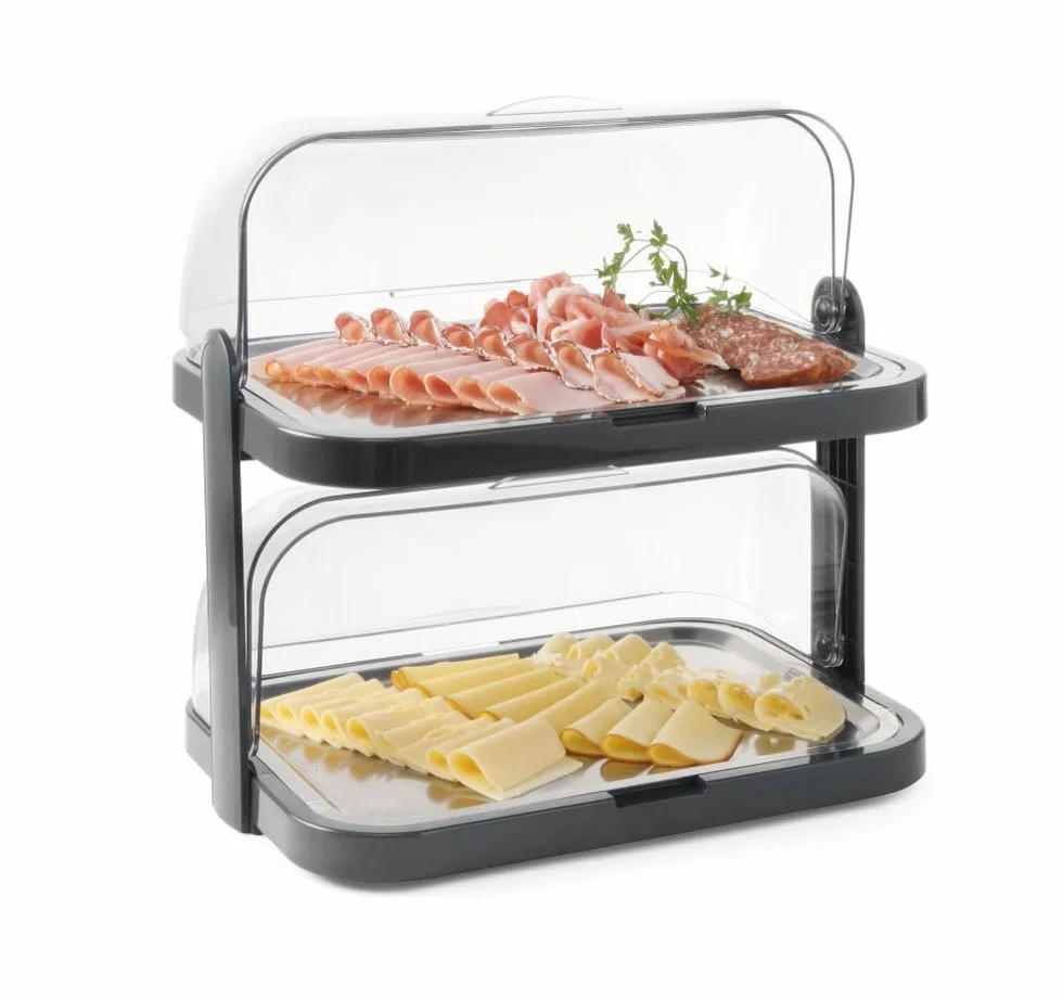 HENDI Expositor refrigerado con cubierta deslizante roll-top, conjunto exhibidor de alimentos de 2 niveles con bandejas de acero inoxidable y 4 bloques refrigerantes, 440x320x(H)440mm, negro, ABS, SAN