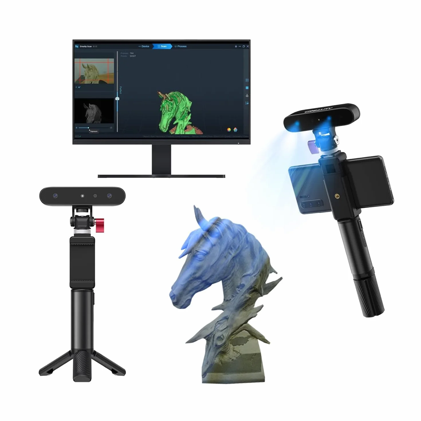 Creality CR-Scan Ferret 3D Scanner, Portátil Escáner 3D para Impresora 3D, Velocidad de escaneo de 30 FPS Precisión de 0,1 mm A Todo Color para teléfono Android PC Win 10/11