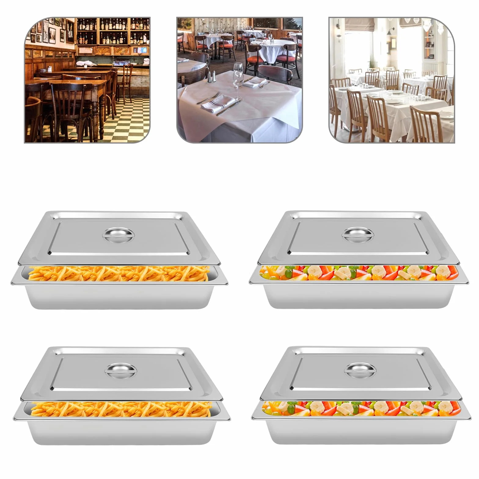 Juego 4 recipientes para comida acero inoxidable rectangular tapa buffet catering plateado