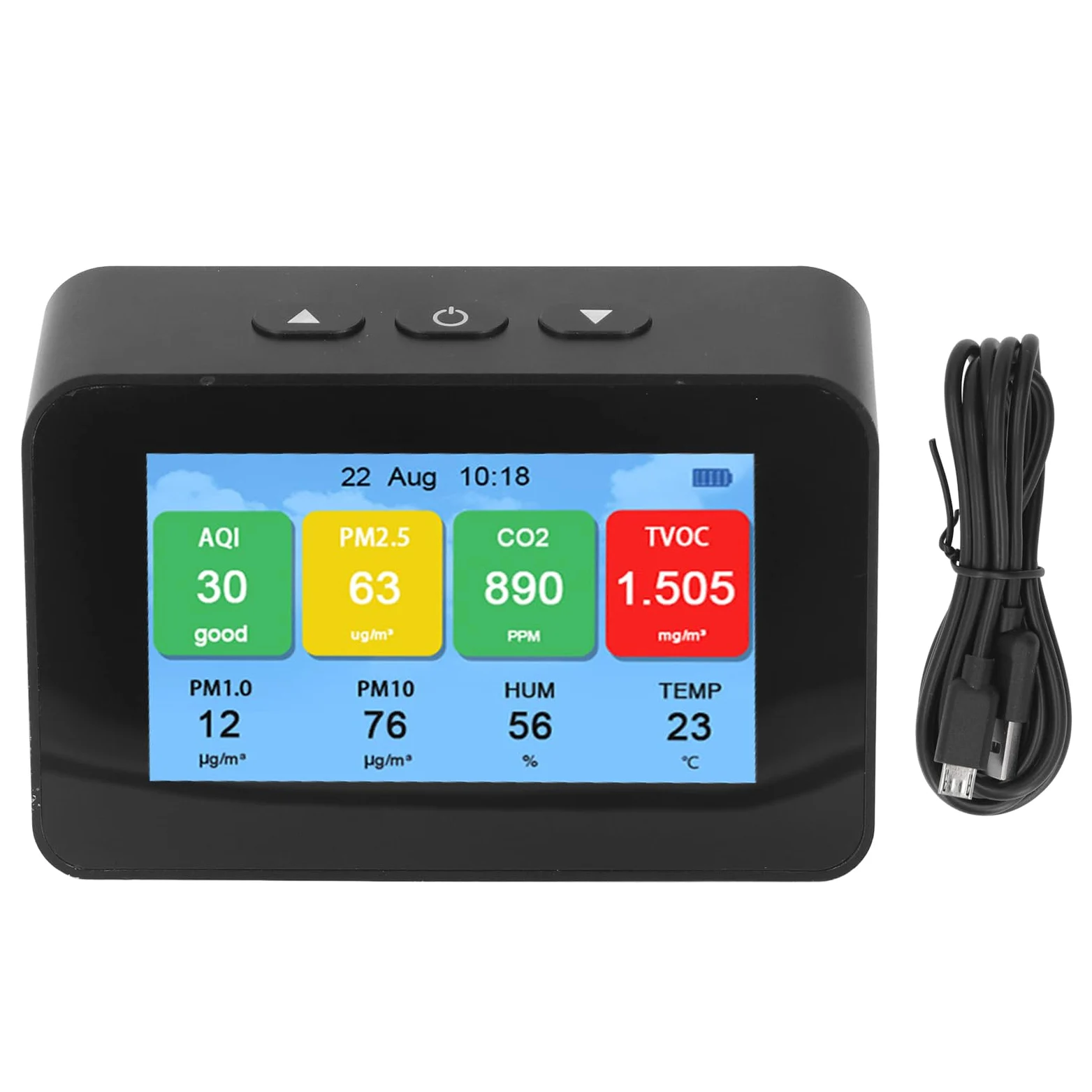 Hyuduo Monitor de Calidad del Aire, Detector LCD CO2 PM2.5 PM1.0 PM10 con Pantalla de Tiempo, Probador de Calidad del Aire Recargable Micro USB 3000 MAh para Uso en Interiores y Oficinas en el Hogar