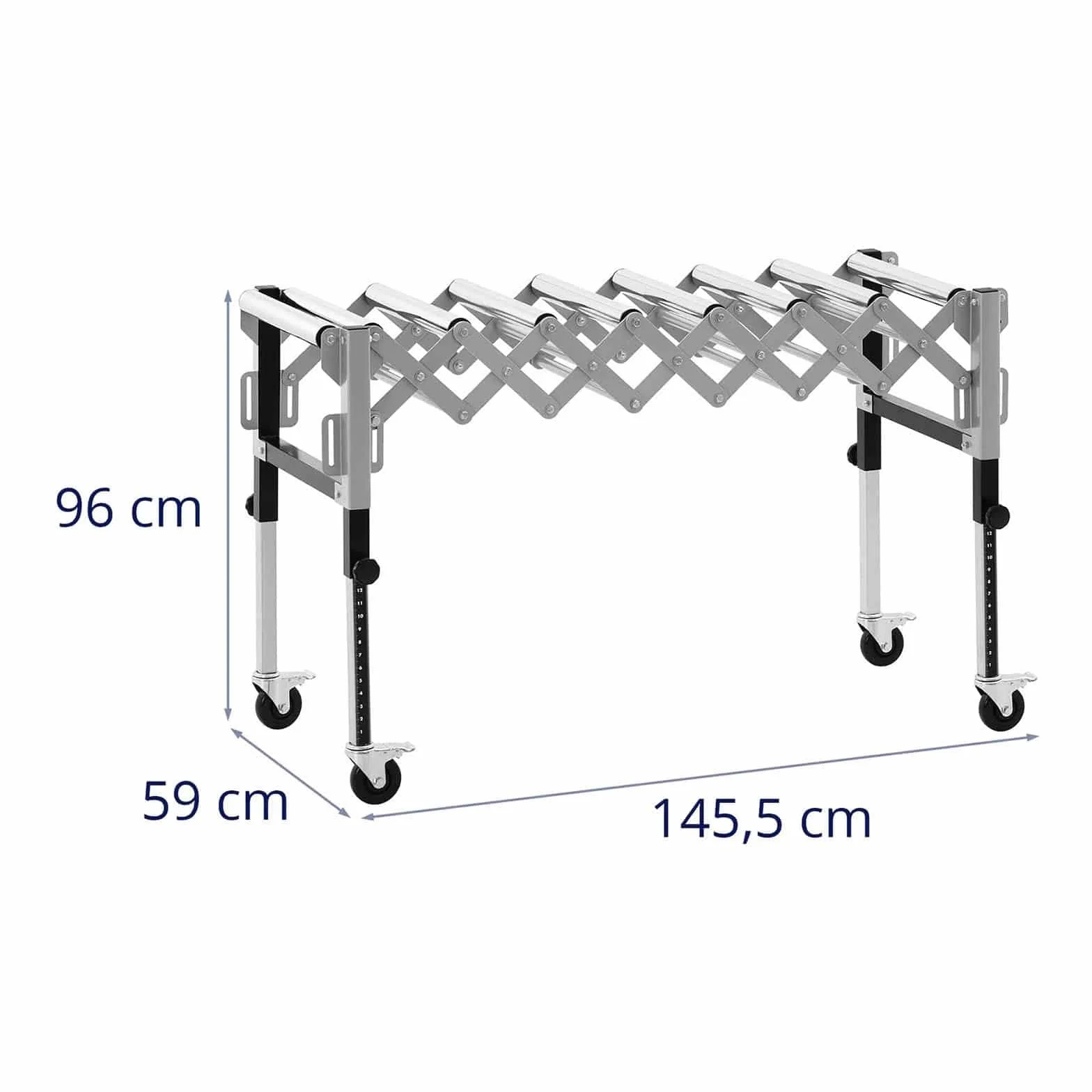 MSW Transportador De Rodillos Mesa Transportadora MSW-RT-130 (Capacidad de carga: 130 kg, Longitud hasta 147 cm, 9 rodillos, Plegable)