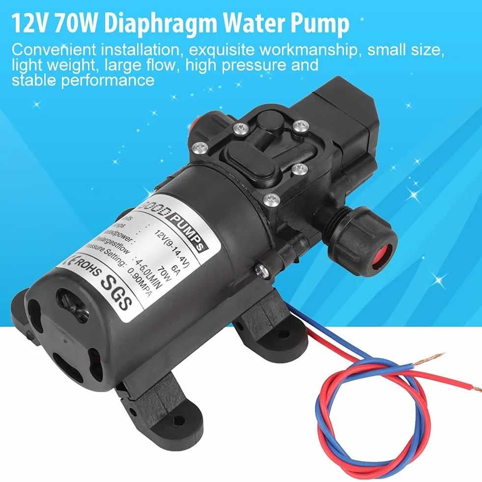Bomba de agua DC 12V 0.9Mpa 4-6L/Min 70W autocebante de diafragma alta presión