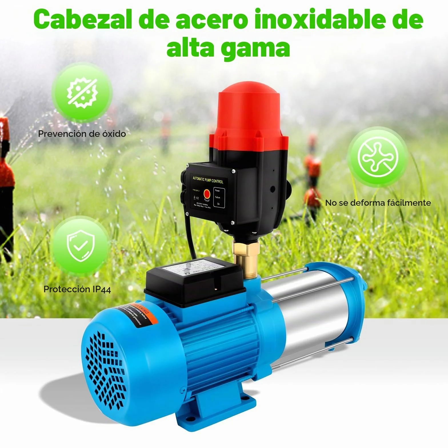 Bomba centrífuga, sistema de agua doméstica, bomba de jardín, control de bomba con presostato y manómetro, 1300 W, 4000 L/h, 9,8 bar, acero inoxidable, bomba de agua con apagado automático, para