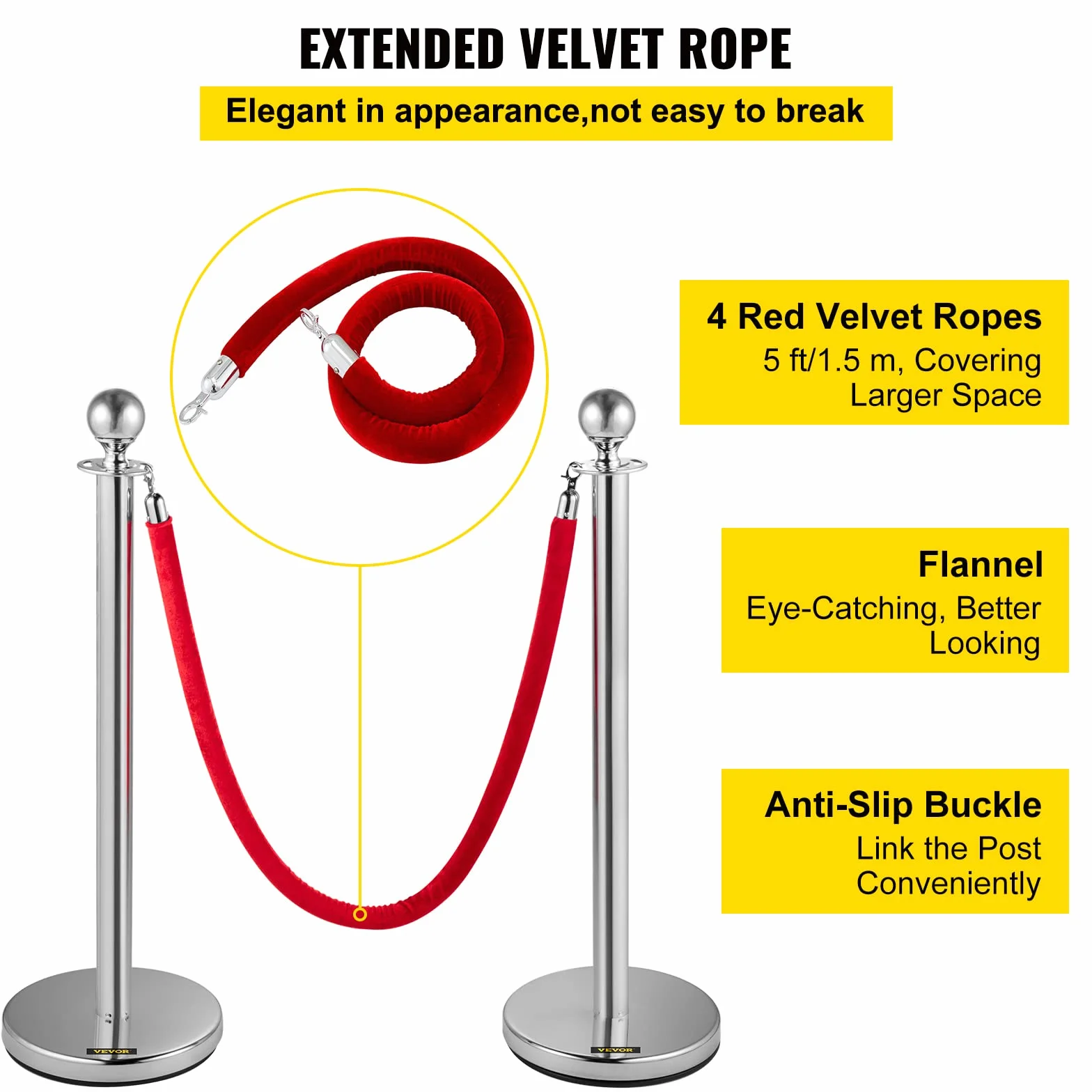 VEVOR Postes Separadores 8 piezas Altura 90 cm Platas Postes Separadores con Cuerda de Terciopelo de 1,5 m Roja Conexión de 4 Vías Diámetro de Base 32 cm Postes de Barrera de Control de Multitudes