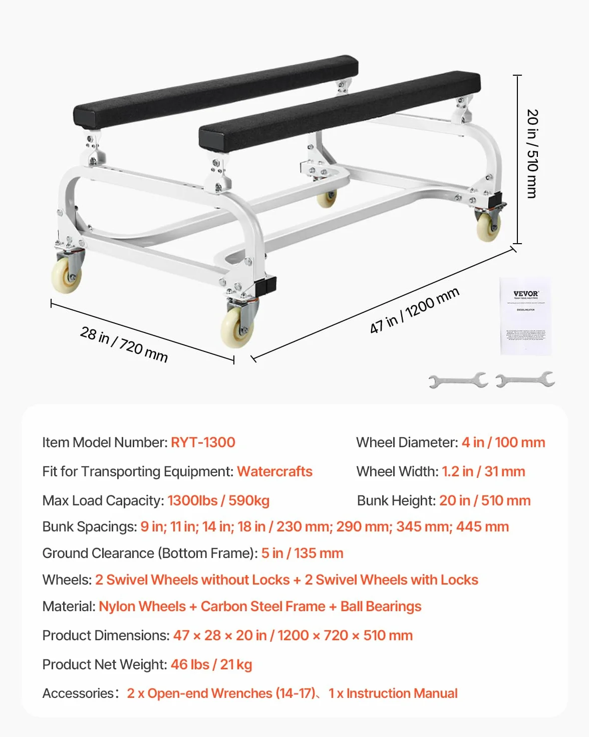 VEVOR Plataforma Rodante para Moto Acuática de 1200 x 720 x 510 mm, Carga de 590 kg, Soporte para Moto de Agua, Carrito PWC con 4 Ruedas y 2 Frenos para Mover Motos de Agua, Kayaks, Lanchas Rápidas