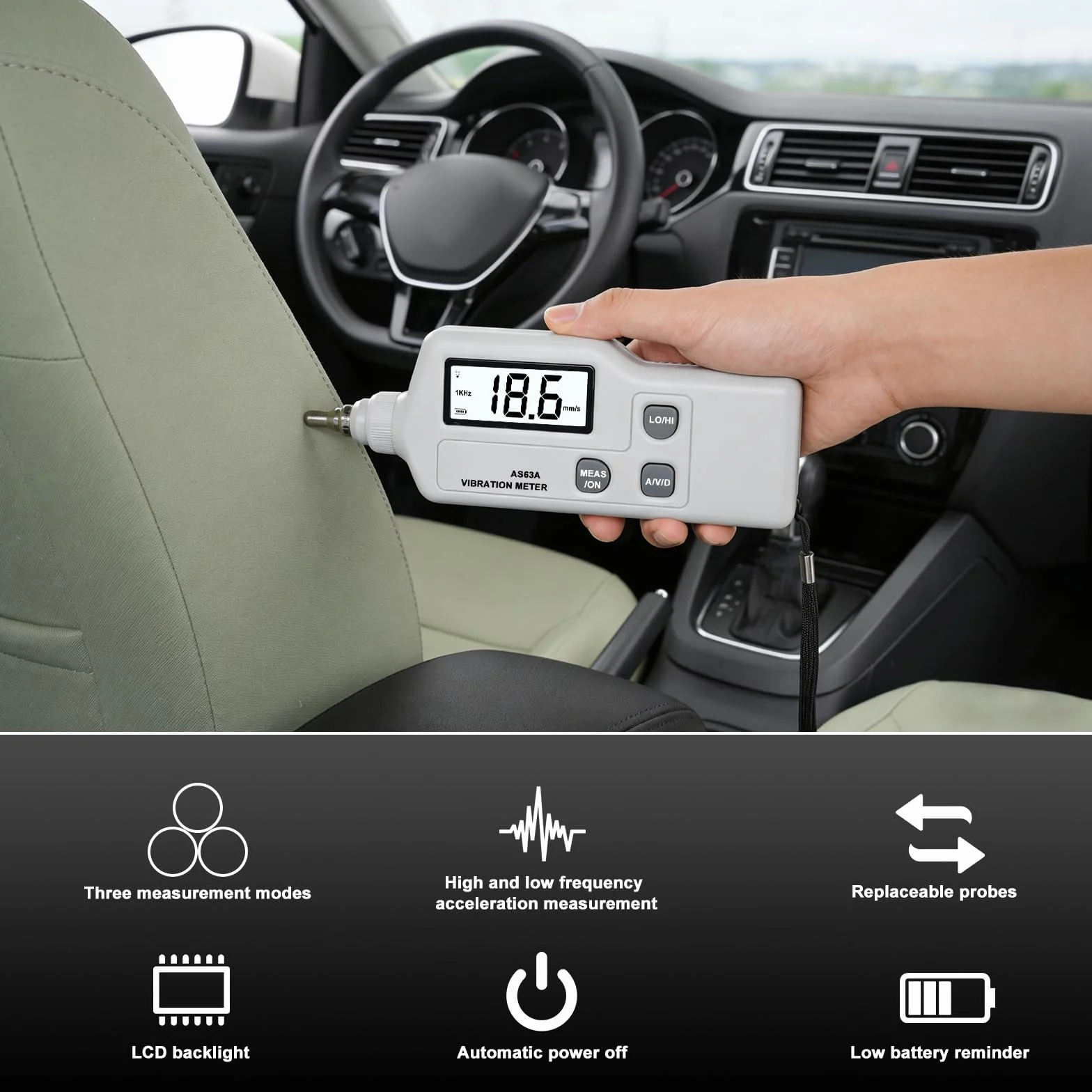 AS63A Medidor de Vibraciones, Medidor Digital de Vibracion,Analizador de Vibraciones con pantalla LCD Medición de aceleración,velocidad y desplazamiento,para Industria,Construcción,Automoción