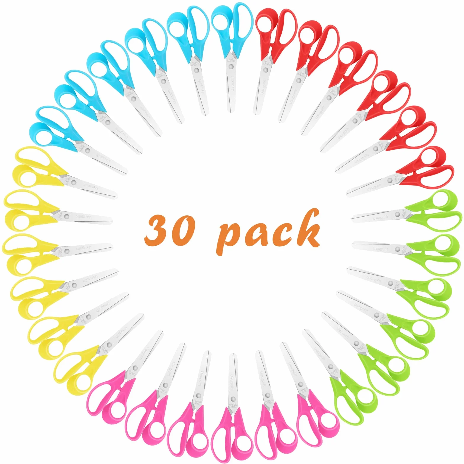 Tijeras para niños de acero inoxidable, punta roma, mango ergonómico, 5 pulgadas, paquete de 30