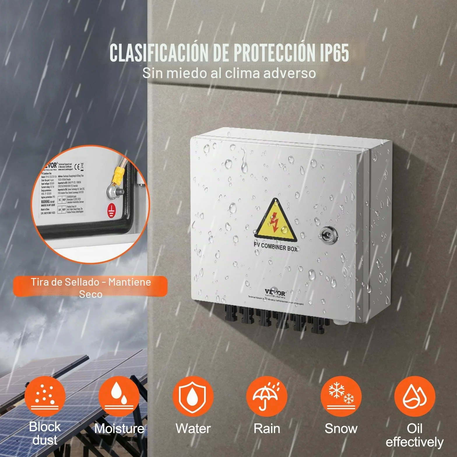 VEVOR Caja Combinadora Fotovoltaica, 6 Cuerdas, Caja Combinadora Solar con Fusible de Corriente Nominal de 15 A Conector Solar, Caja de Acero para Sistema de Panel Solar de Red de Encendido, Apagado