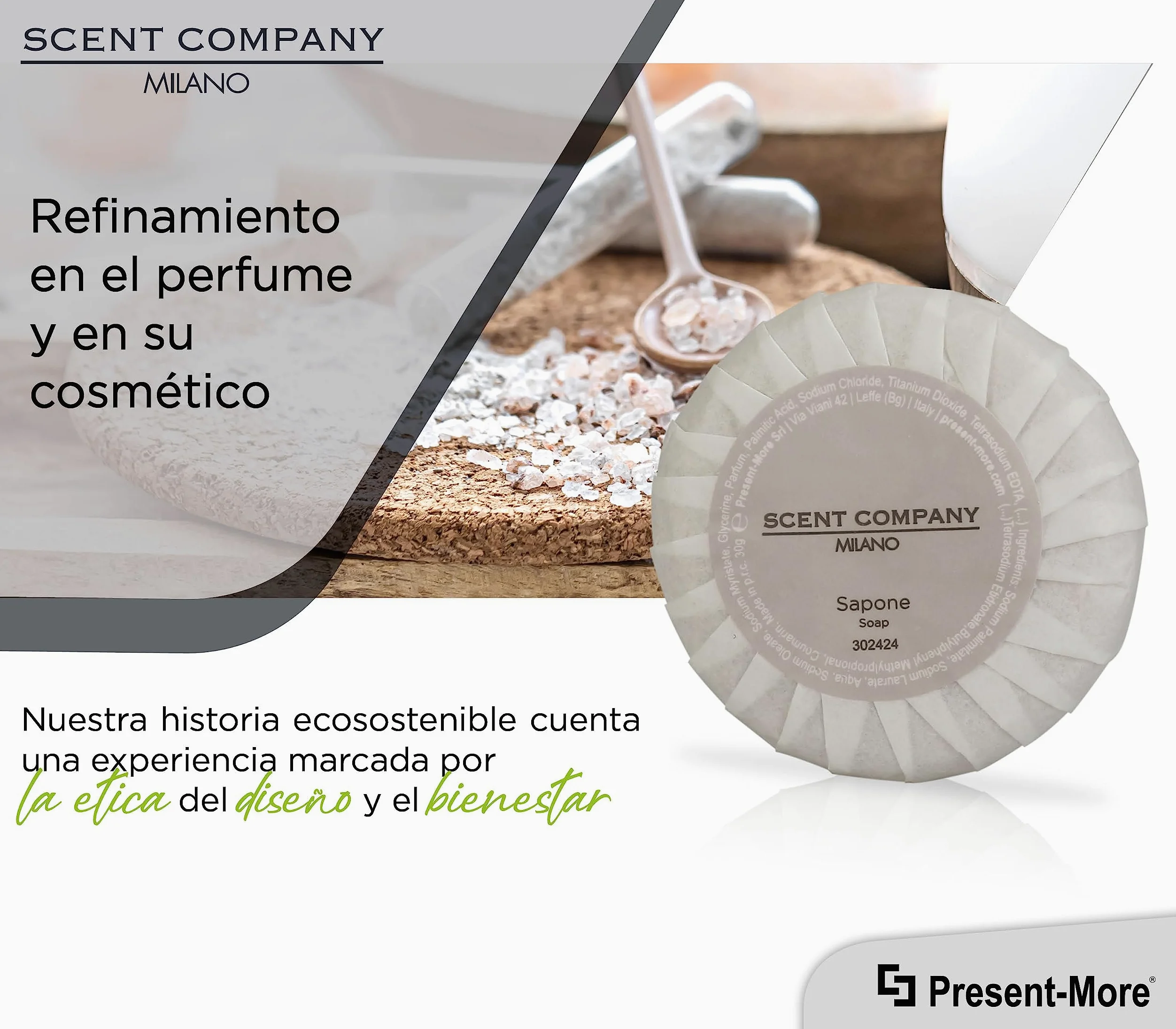 Present-More Jabon manos 30gr Scent Company Milano - Jabon 250 unidades para Hoteles y B&B | Jabon con fragancia Ámbar Real