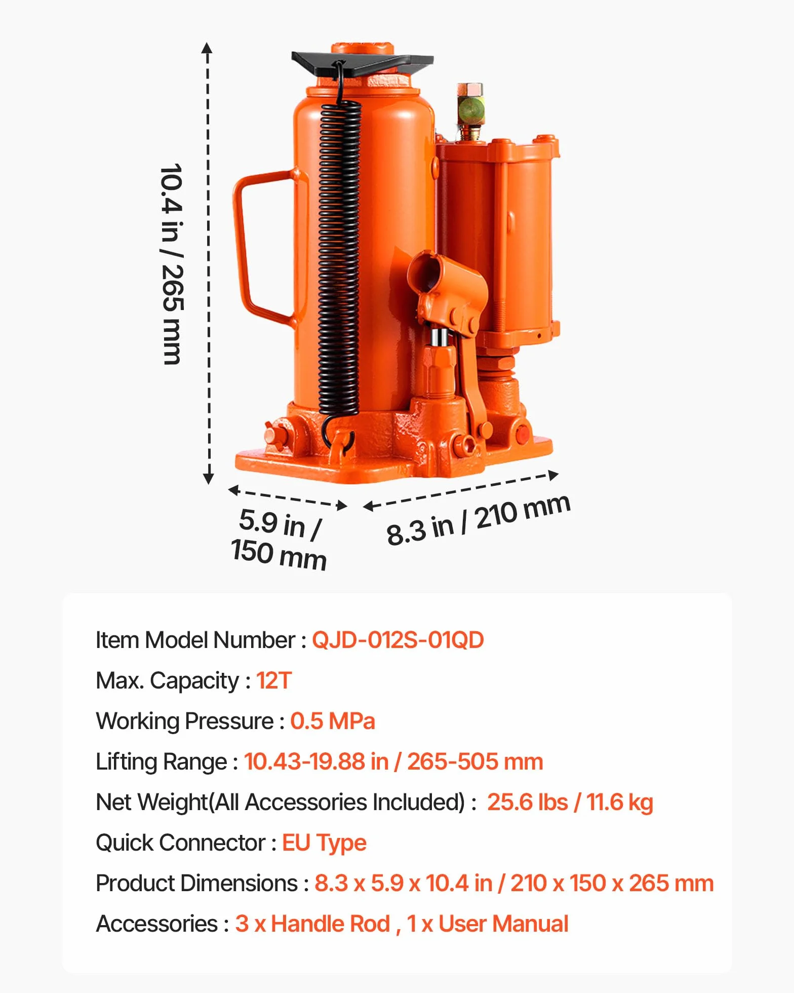 VEVOR Gato Hidráulico Neumático de Botella 12 T 265-505 mm Naranja
