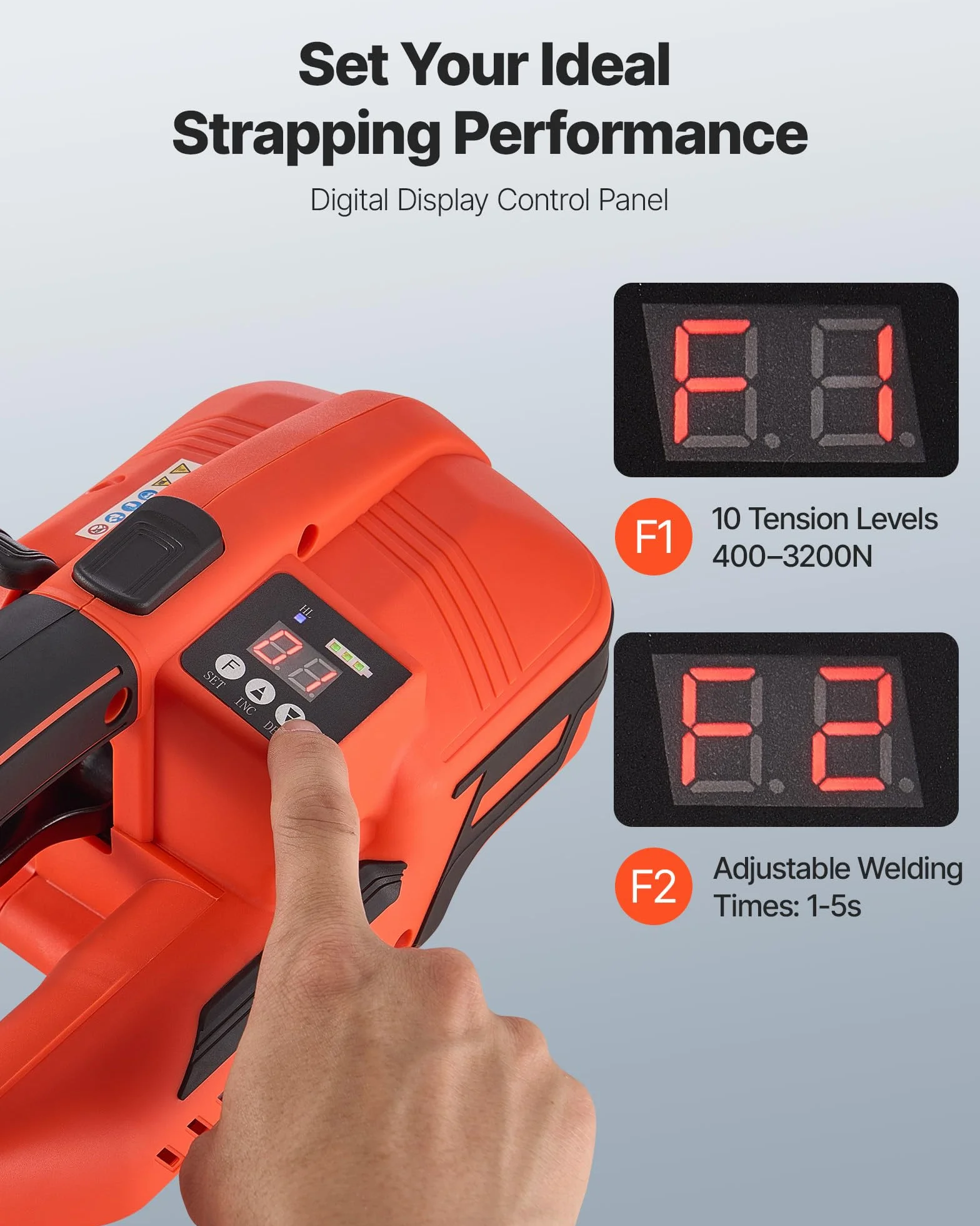 VEVOR Flejadora a 2 Baterías de 4000 mAh, con Pantalla Digital para Flejes de PP/PET de 9-16 mm de Ancho, Empaquetadora de Flejes para Fábricas, Almacenes y Centros Logísticos, 360 x 120 x 125 mm