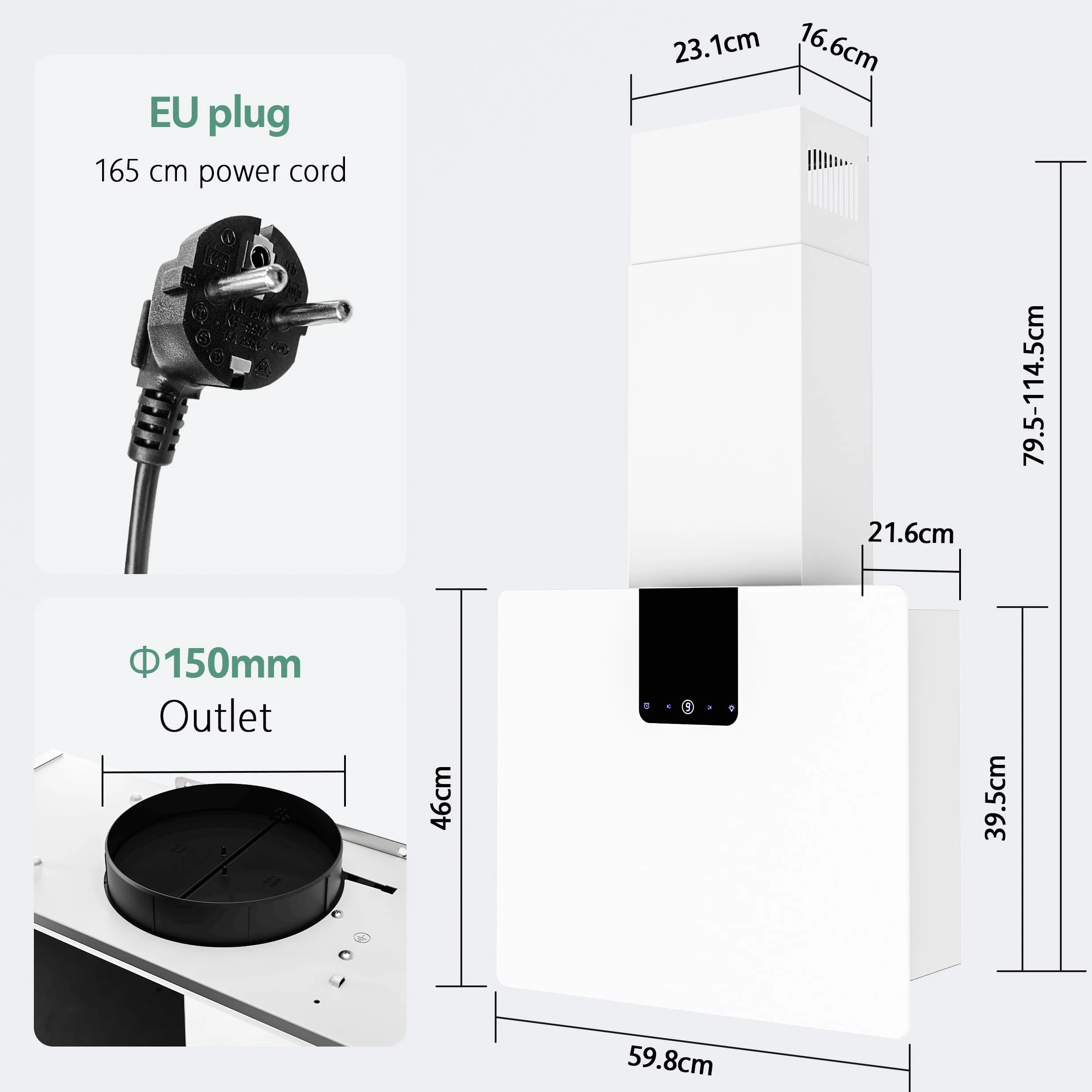 FIREGAS Campana Extractora 60 cm, Motor Sin Escobillas, 9 Velocidades, 532,4 m³/h, Acero Inoxidable, Blanco