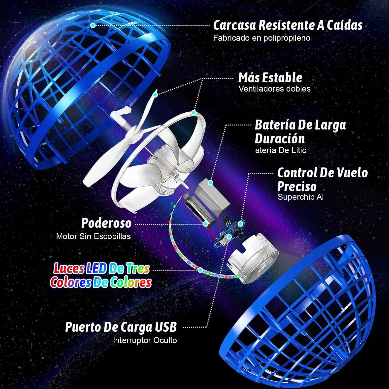 semai Bola Voladora con Luz LED para Niños de 6 a 12 Años, Juguete Flotante Controlado a Mano (Azul)